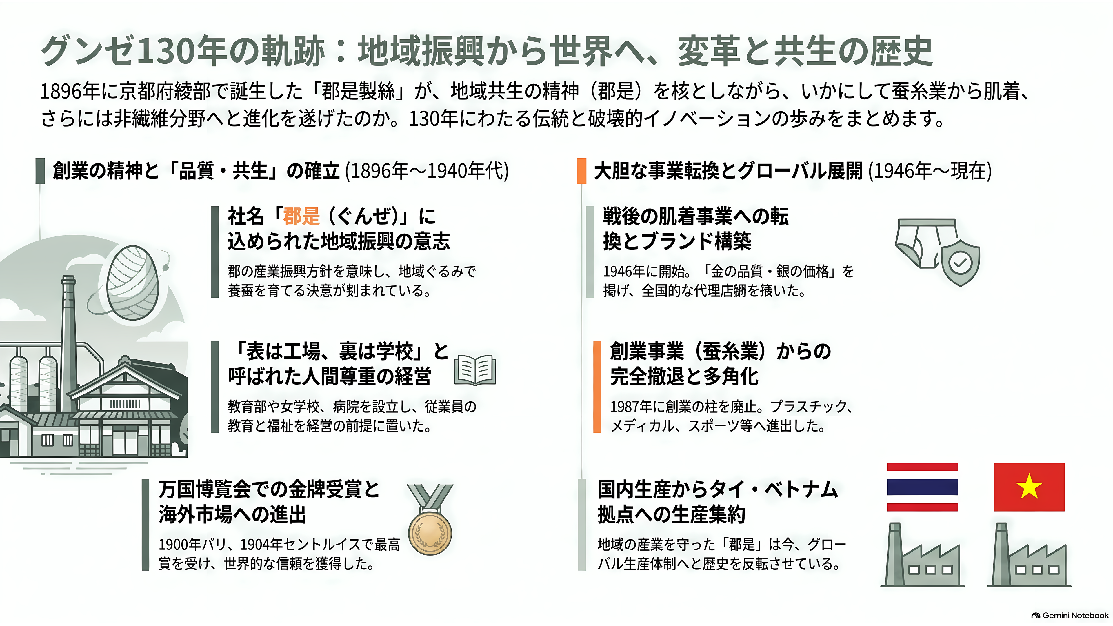 グンゼ(GUNZE)(3002)、連結黒字維持も、主力の肌着を含むアパレル事業は厳しく単体で13億円の営業赤字。東日本大震災や能登半島地震に続き、熊本地震にも肌着10万枚を寄付 - 「郡是」という社名の由来と、蚕糸業からの130年 - 章扉