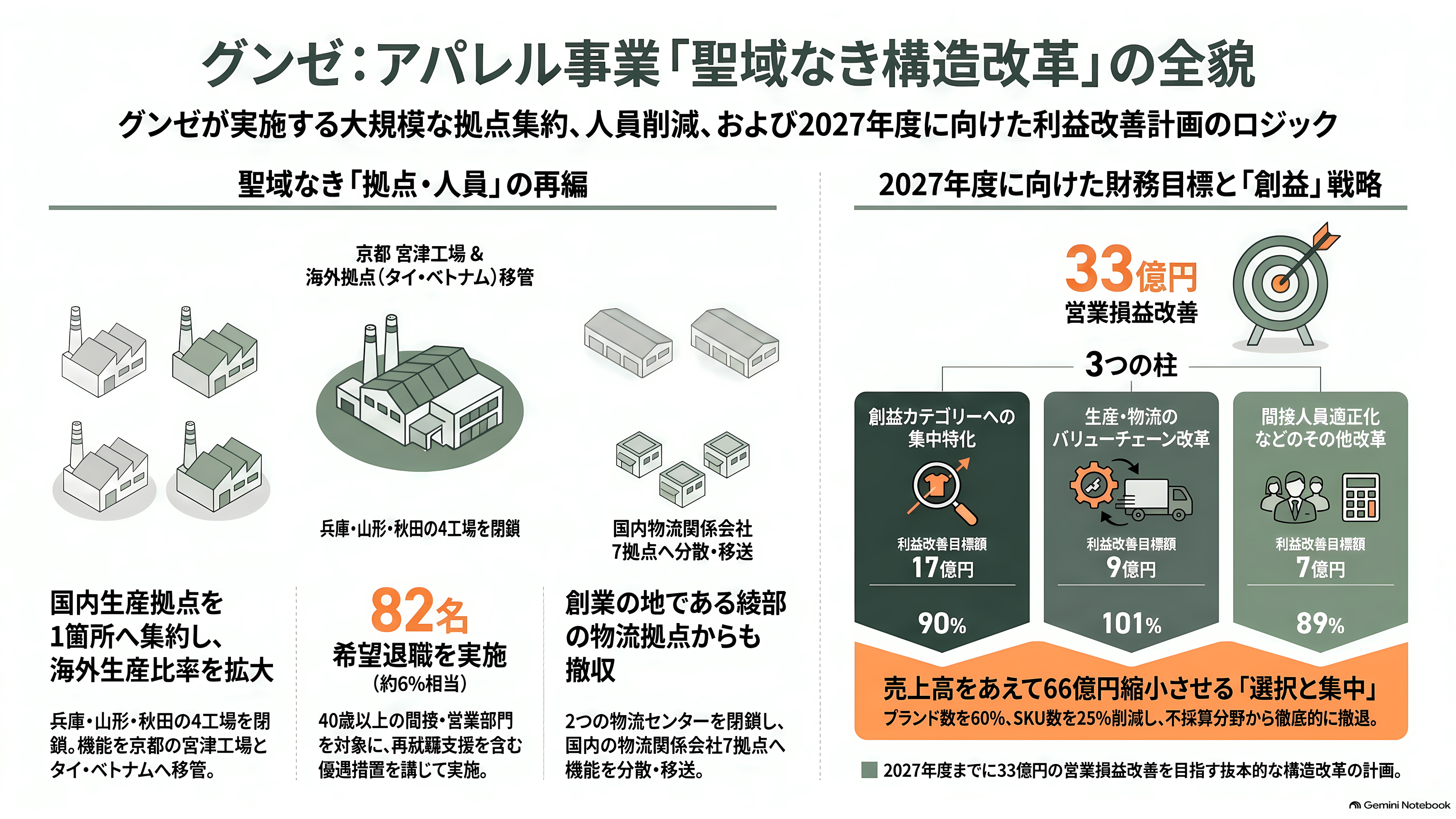 グンゼ(GUNZE)(3002)、連結黒字維持も、主力の肌着を含むアパレル事業は厳しく単体で13億円の営業赤字。東日本大震災や能登半島地震に続き、熊本地震にも肌着10万枚を寄付 - 聖域なき構造改革——4工場・2物流拠点の閉鎖と、82人の希望退職 - 章扉