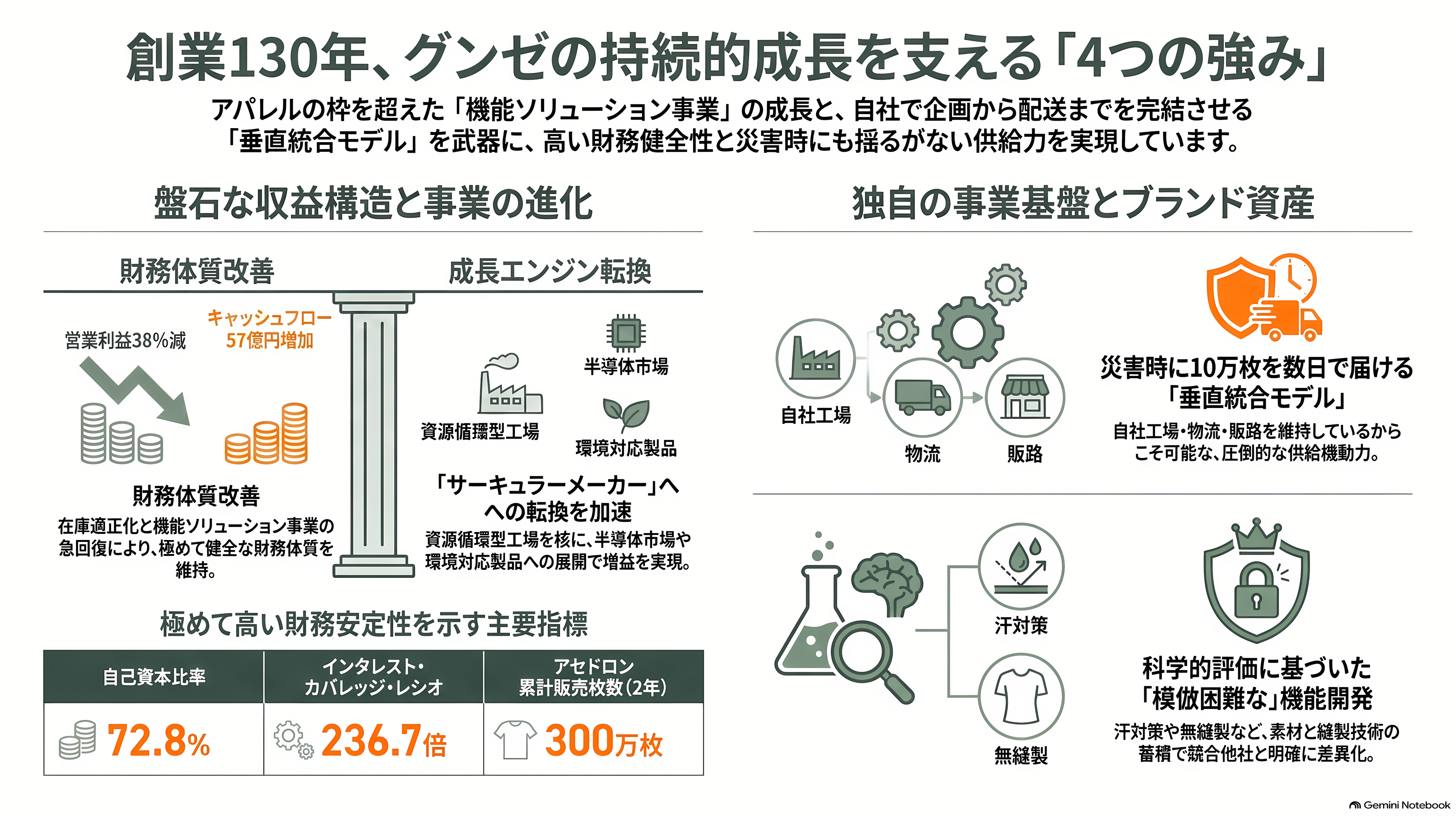 グンゼ(GUNZE)(3002)、連結黒字維持も、主力の肌着を含むアパレル事業は厳しく単体で13億円の営業赤字。東日本大震災や能登半島地震に続き、熊本地震にも肌着10万枚を寄付 - 強み——キャッシュを生む「非繊維」と、災害時に効く垂直統合 - 章扉