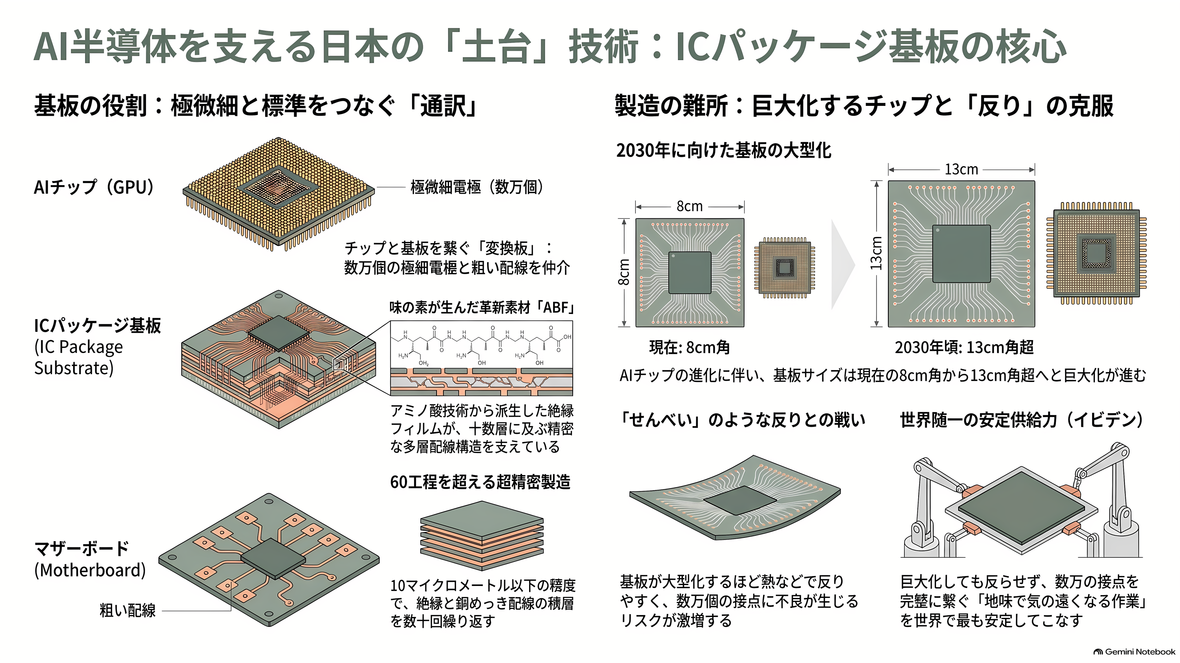 イビデン(4062)、AI半導体の土台 ABF基板で世界シェア50%以上3年で5,000億円を投じ岐阜・大垣の河間事業場を大増強 - AI半導体の一番下にある「土台」の話 - 章扉