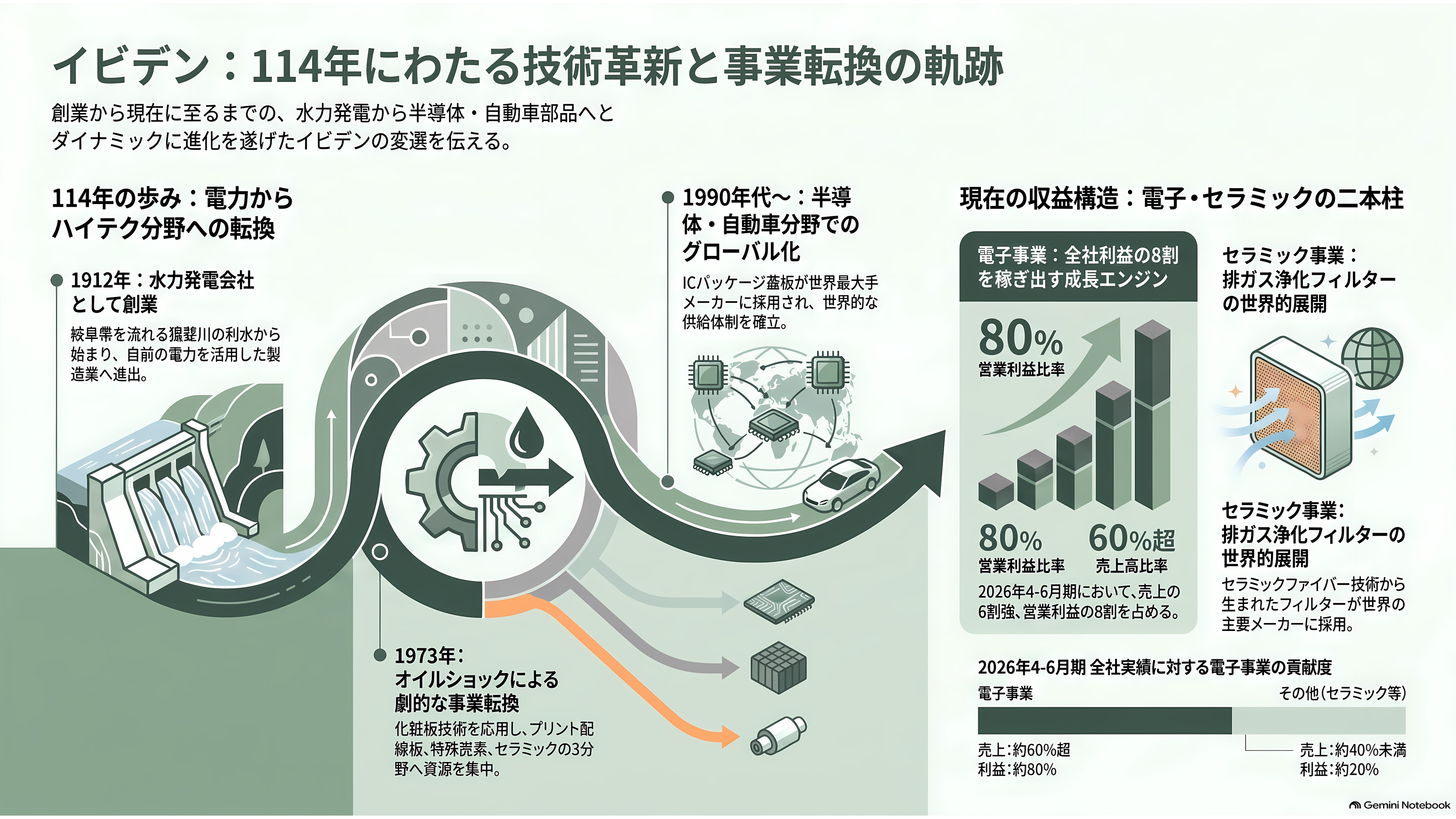 イビデン(4062)、AI半導体の土台 ABF基板で世界シェア50%以上3年で5,000億円を投じ岐阜・大垣の河間事業場を大増強 - 水力発電から始まった114年 — イビデンとは何者か - 章扉