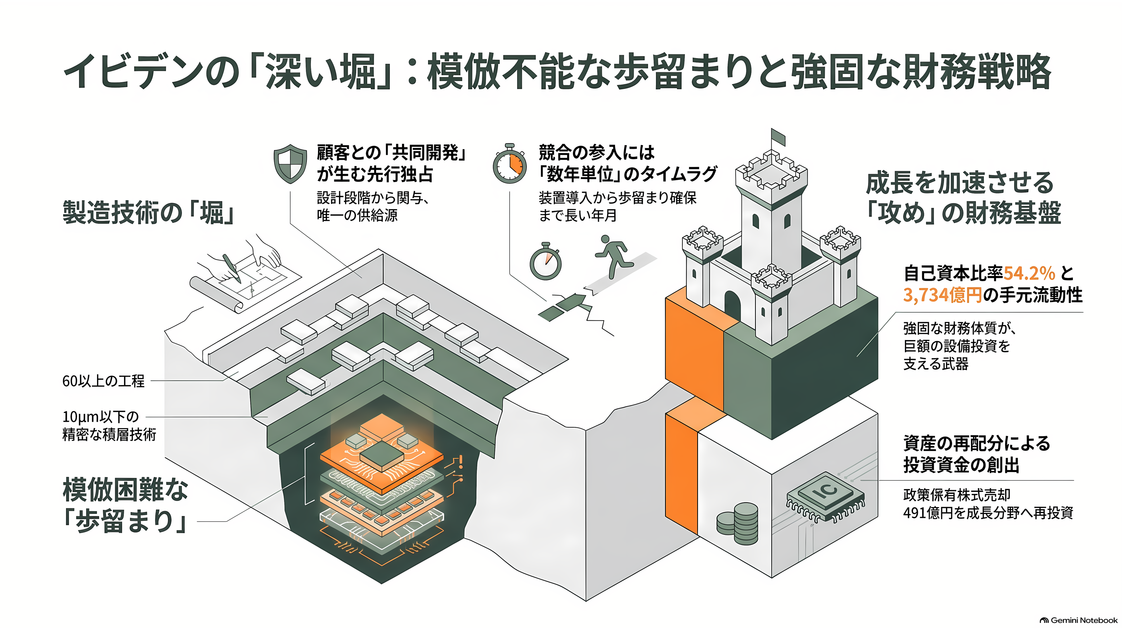 イビデン(4062)、AI半導体の土台 ABF基板で世界シェア50%以上3年で5,000億円を投じ岐阜・大垣の河間事業場を大増強 - 強み — 装置は買えるが、歩留まりは買えない - 章扉