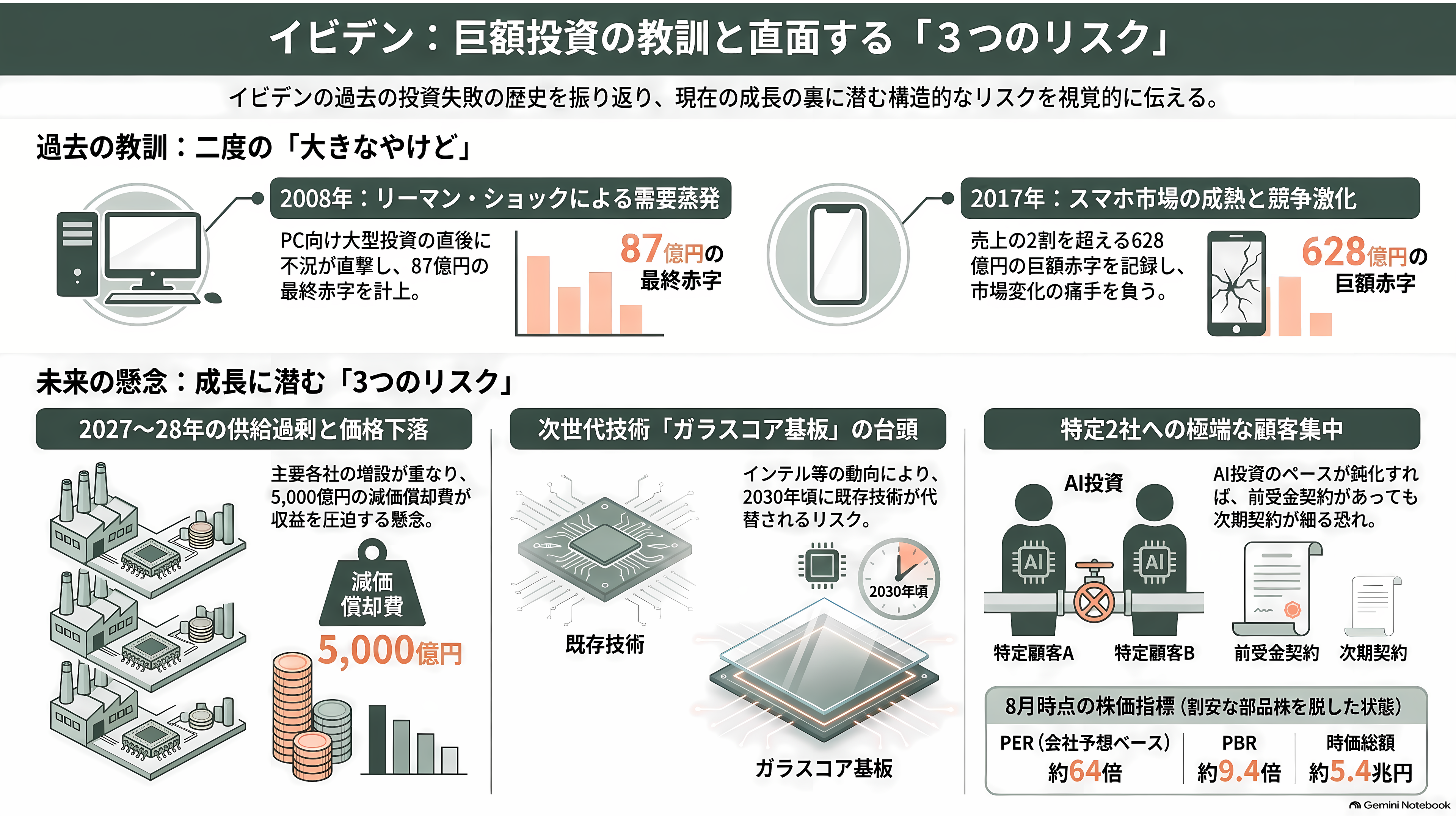 イビデン(4062)、AI半導体の土台 ABF基板で世界シェア50%以上3年で5,000億円を投じ岐阜・大垣の河間事業場を大増強 - 課題 — この会社は二度、同じ火傷をしている - 章扉