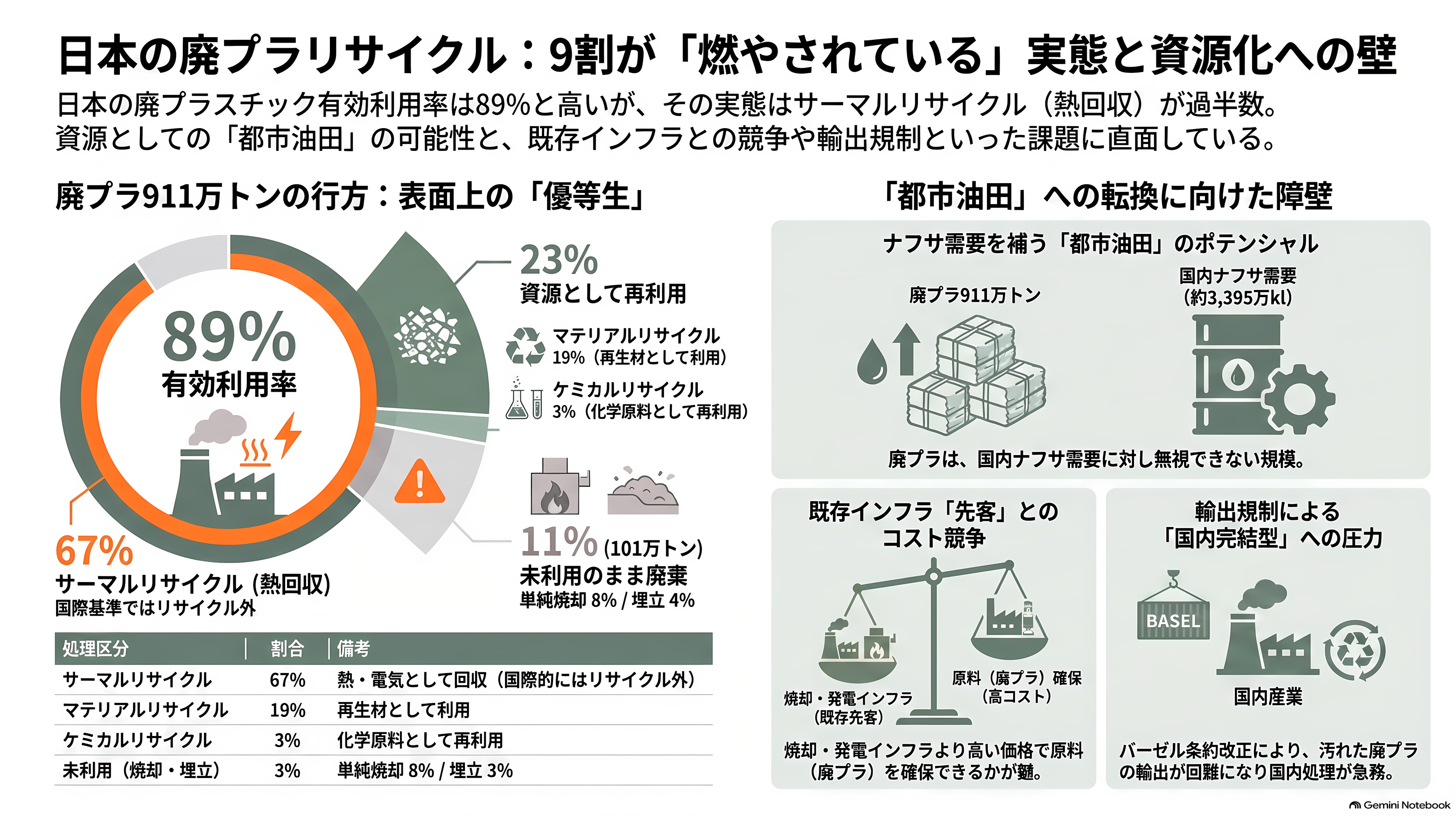 眠れる資源、都市油田。関連銘柄4選。レゾナック（4004）、三菱ケミカルG（4188）、三和油化工業（4125）、リファインバースG（7375） - 日本の廃プラ911万トン、その9割は「燃やされて」いる - 章扉