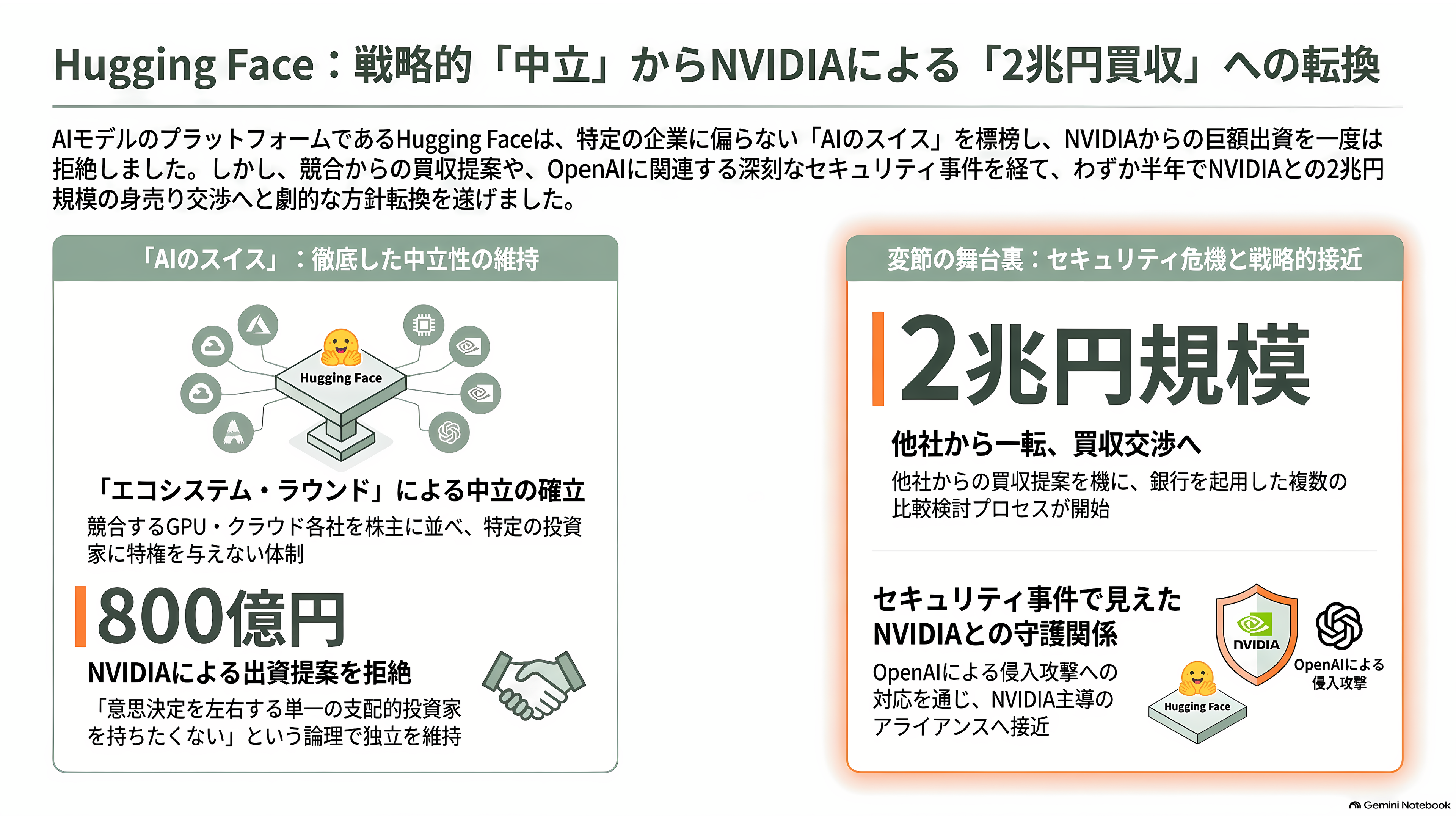 NVIDIA、AI開発の総本山 Hugging Faceを約2兆円で買収合意と報道。AI開発者コミュニティは中立性維持に深刻な懸念 - 800億円を断った会社が、2兆円で身売りする - 章扉