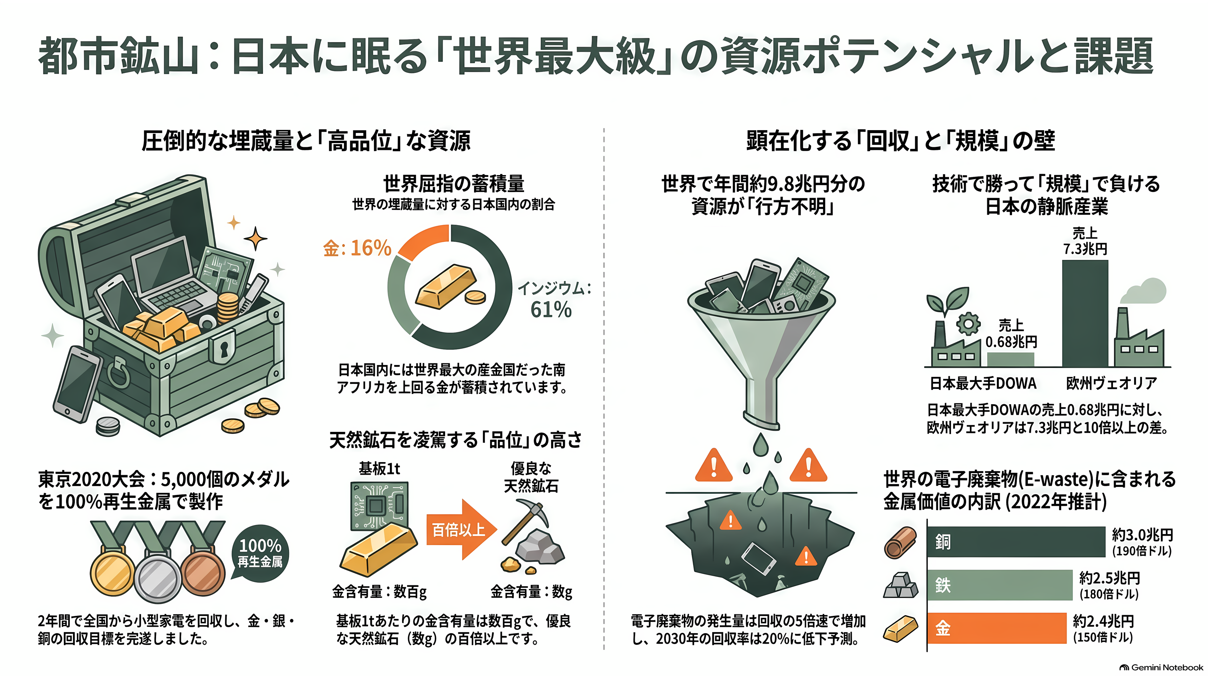 都市鉱山から採掘せよ。JX金属（5016）、三菱マテリアル（5711）、住友金属鉱山（5713）、松田産業（7456）、DOWAホールディングス（5714）、三和油化工業（4125） 、 アサヒH（5857） - 都市鉱山とは何か——日本の資源は地下ではなく押し入れに眠っている - 章扉