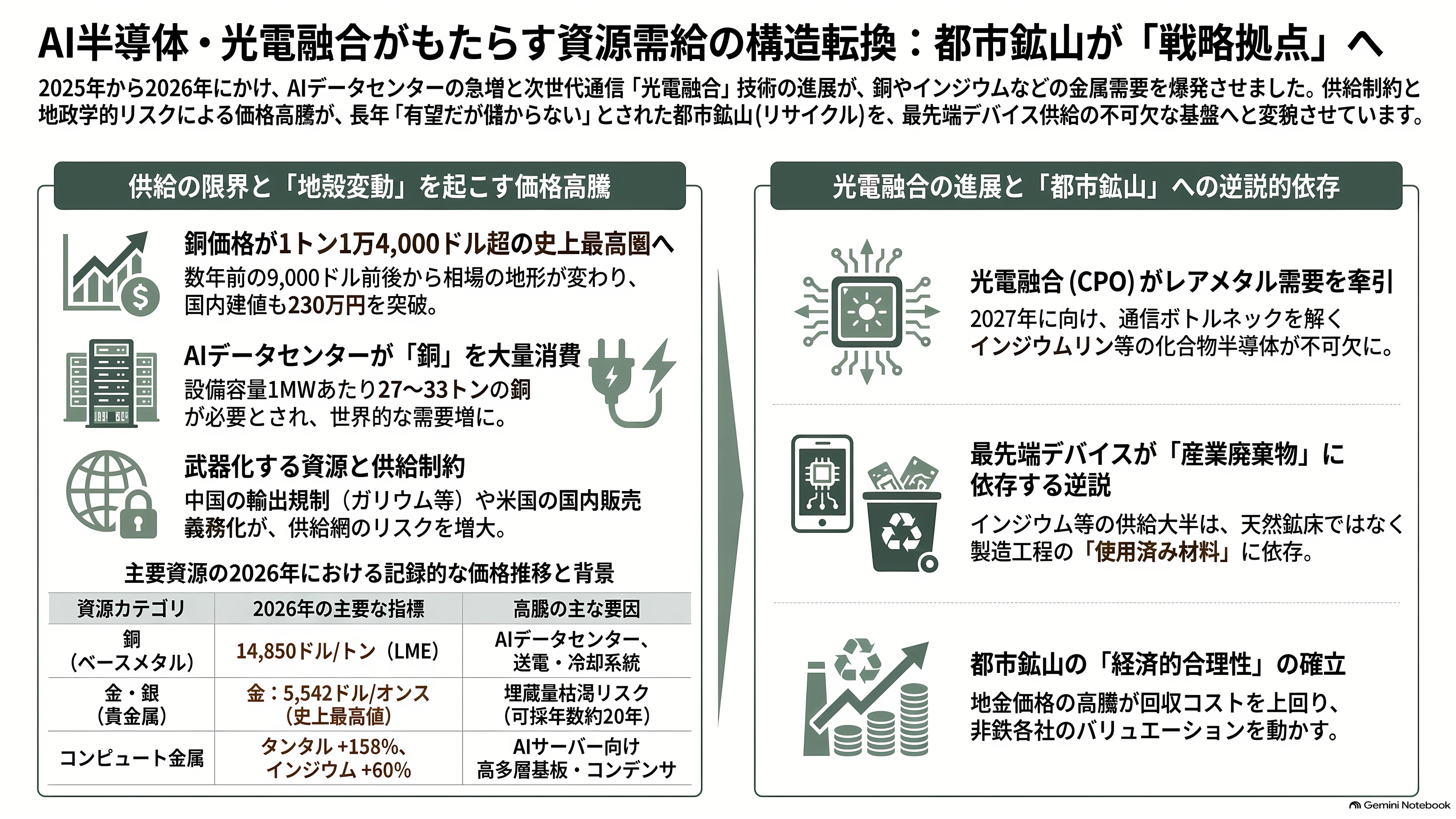 都市鉱山から採掘せよ。JX金属（5016）、三菱マテリアル（5711）、住友金属鉱山（5713）、松田産業（7456）、DOWAホールディングス（5714）、三和油化工業（4125） 、 アサヒH（5857） - AI半導体と光電融合が需要構造を変えた——銅・金・銀、そしてインジウム - 章扉