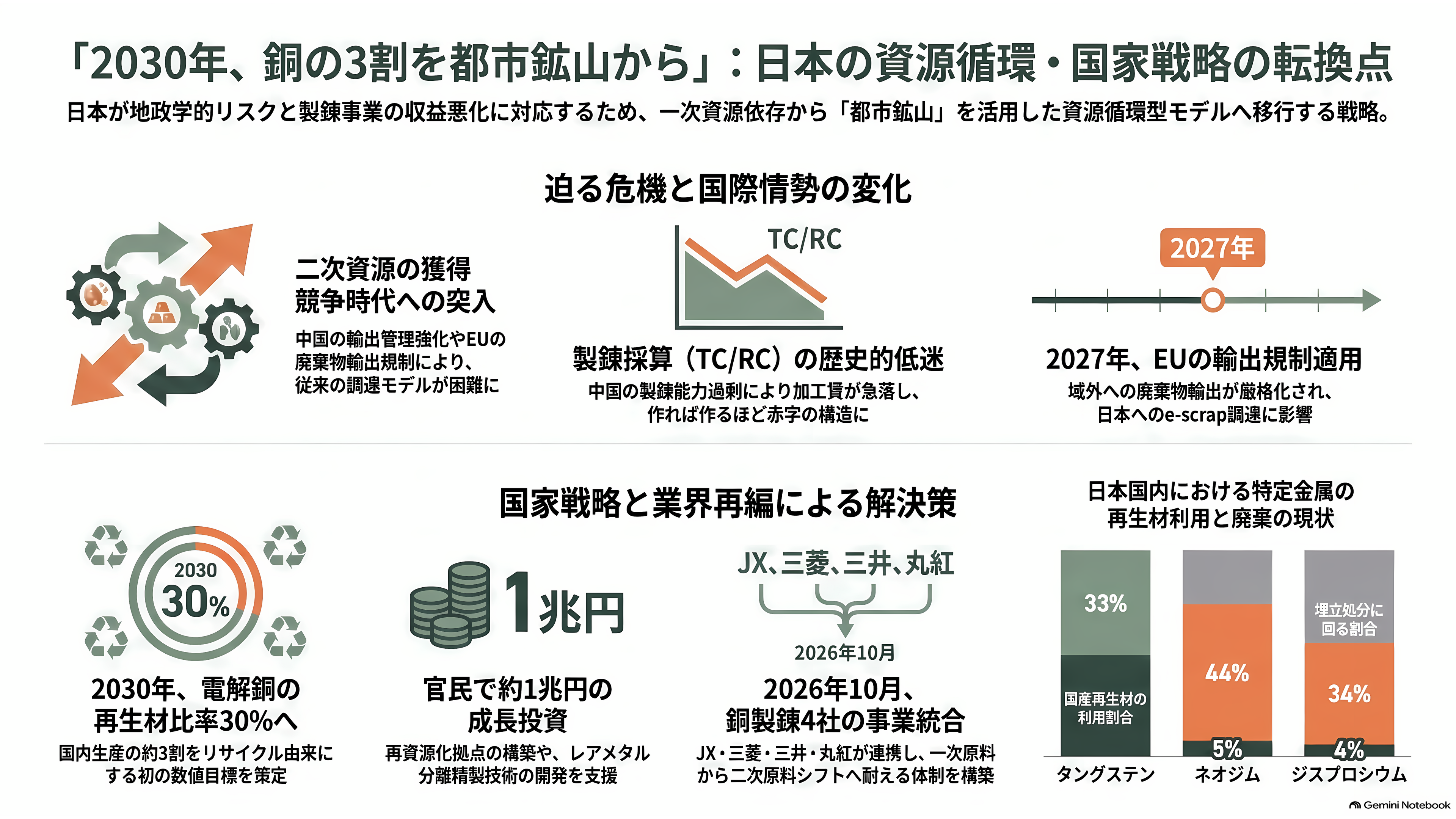 都市鉱山から採掘せよ。JX金属（5016）、三菱マテリアル（5711）、住友金属鉱山（5713）、松田産業（7456）、DOWAホールディングス（5714）、三和油化工業（4125） 、 アサヒH（5857） - 国家戦略になった資源循環——「2030年、電解銅の3割を都市鉱山から」と、銅製錬の同時再編 - 章扉