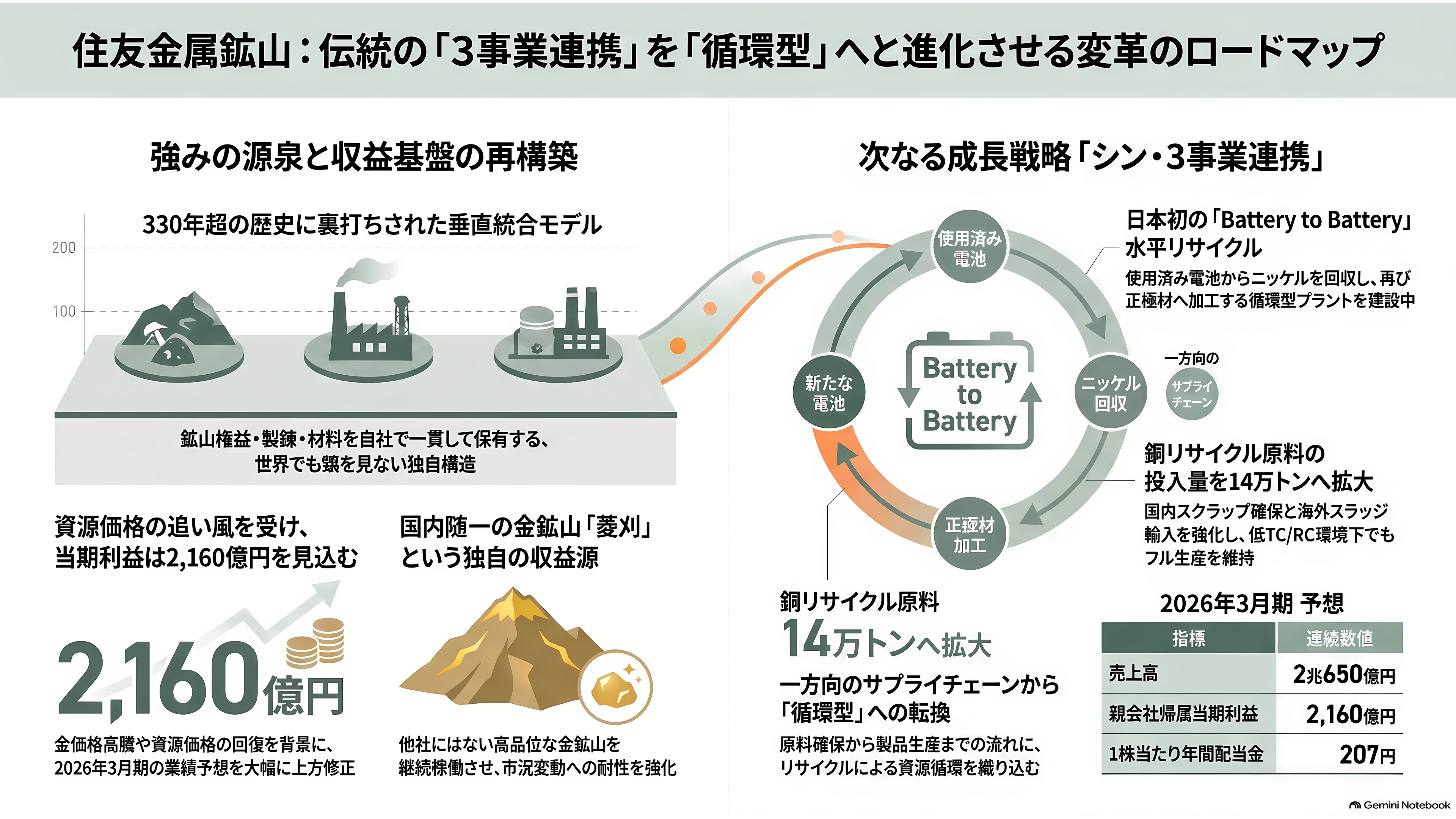 都市鉱山から採掘せよ。JX金属（5016）、三菱マテリアル（5711）、住友金属鉱山（5713）、松田産業（7456）、DOWAホールディングス（5714）、三和油化工業（4125） 、 アサヒH（5857） - 住友金属鉱山（5713）——別子から335年、「シン・3事業連携」の再構築 - 章扉