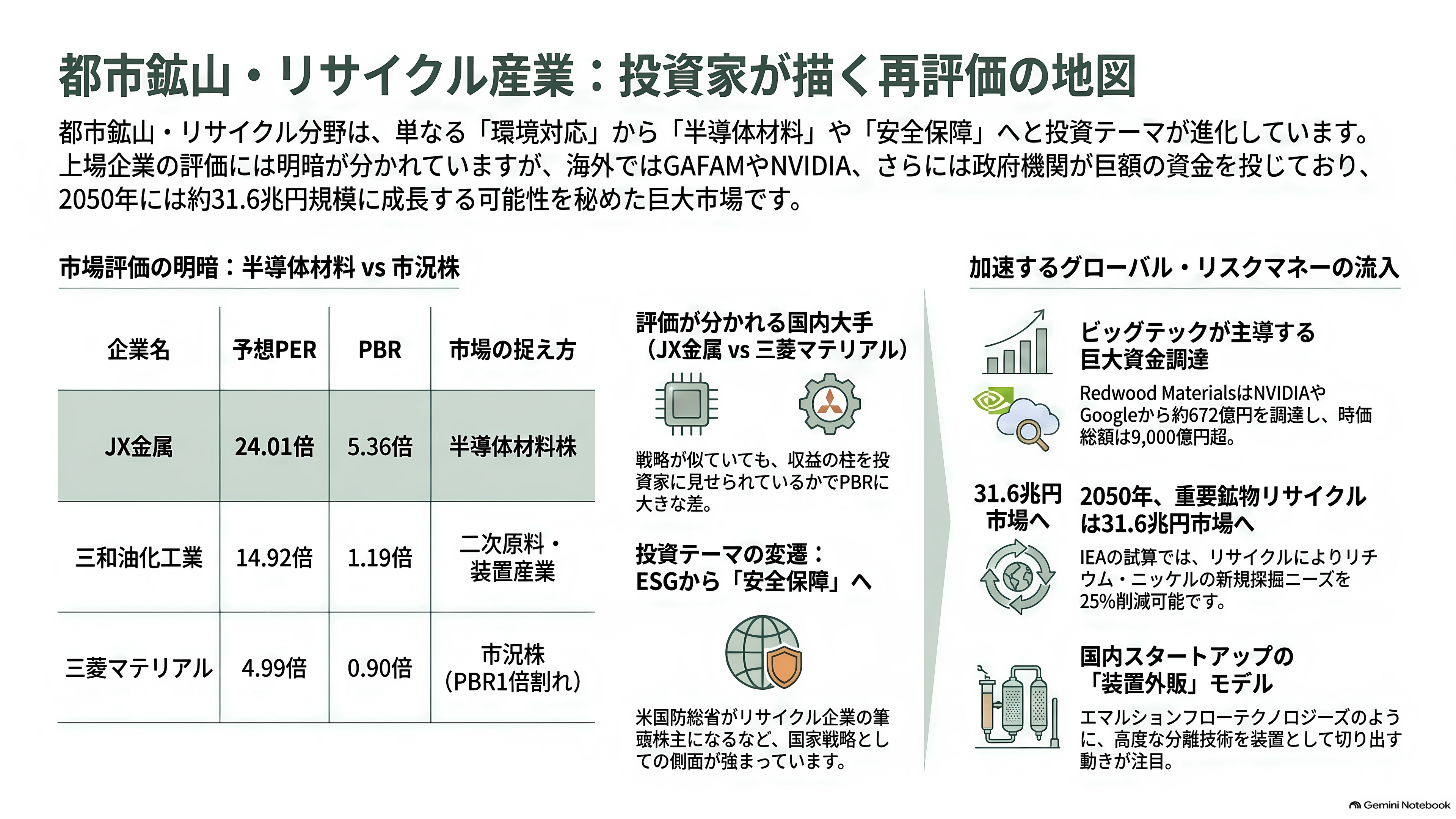 都市鉱山から採掘せよ。JX金属（5016）、三菱マテリアル（5711）、住友金属鉱山（5713）、松田産業（7456）、DOWAホールディングス（5714）、三和油化工業（4125） 、 アサヒH（5857） - 投資家とVCはどこに賭けているか - 章扉