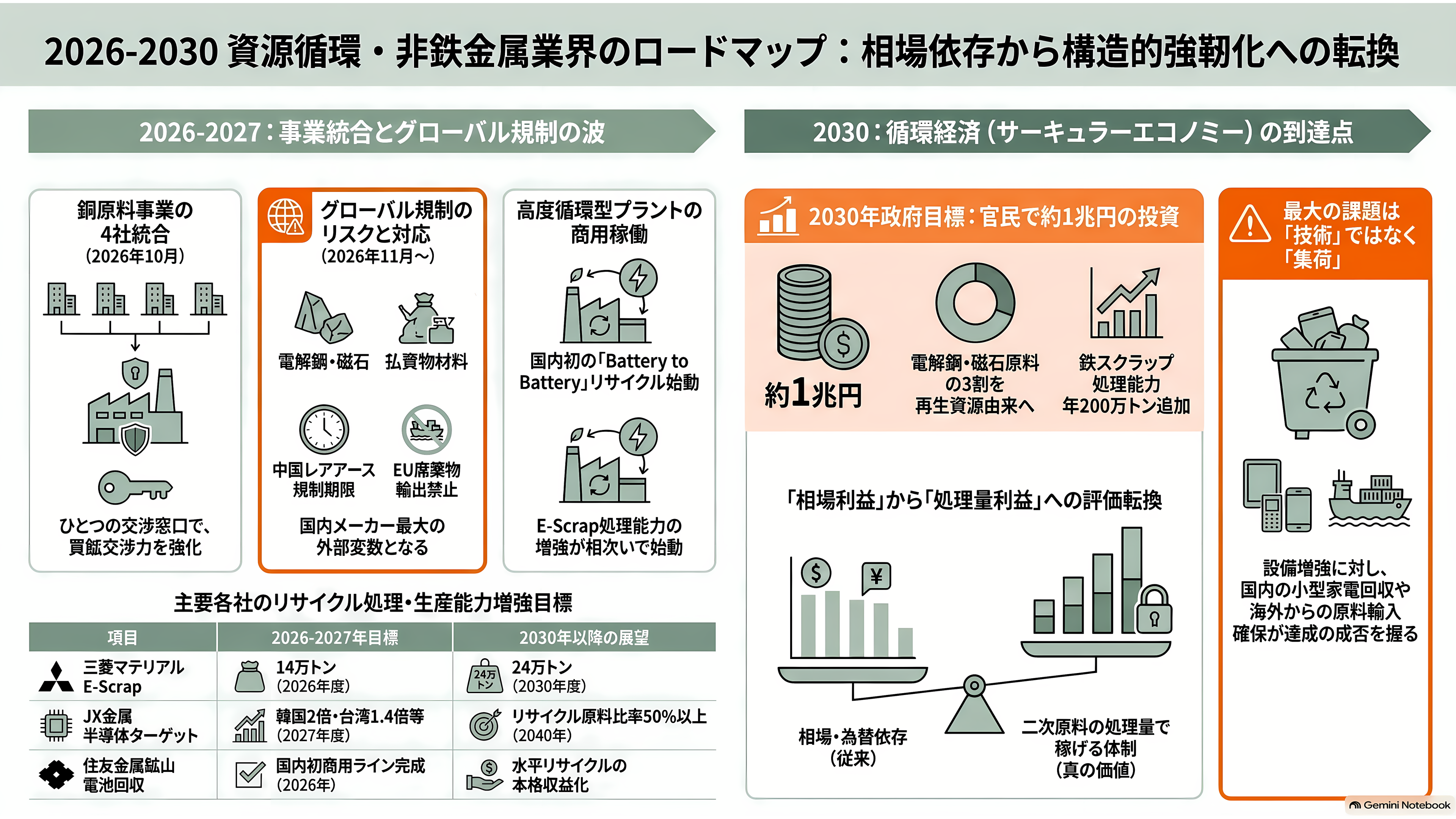 都市鉱山から採掘せよ。JX金属（5016）、三菱マテリアル（5711）、住友金属鉱山（5713）、松田産業（7456）、DOWAホールディングス（5714）、三和油化工業（4125） 、 アサヒH（5857） - 今後——2026年秋から2030年までに何が計測されるか - 章扉
