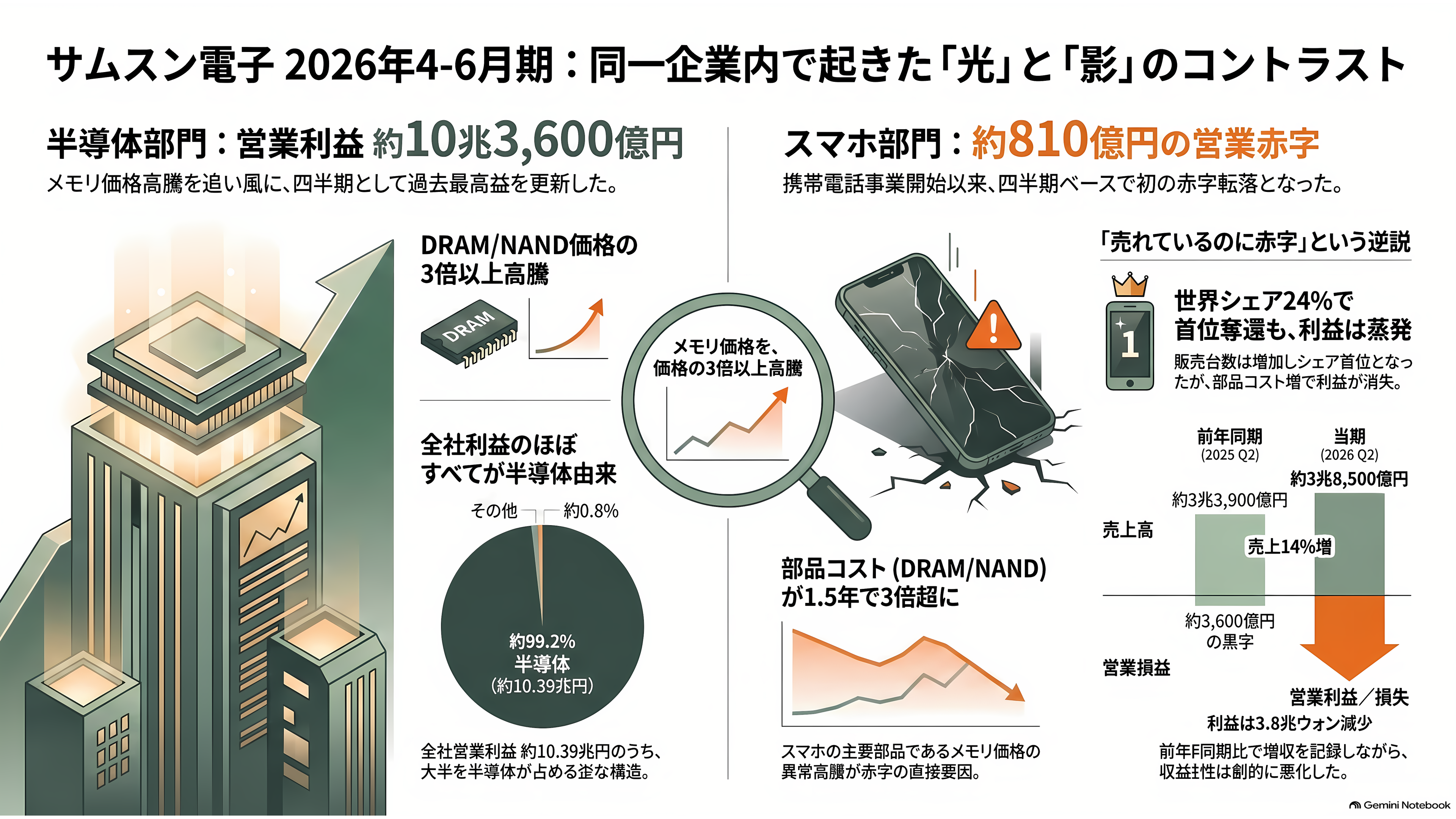 Samsung、AI 向けメモリの調達コスト上昇で、スマートフォン事業が事業開始以来初の赤字 - 10兆円を稼いだ部門と、810億円を失った部門が、同じ会社にある - 章扉