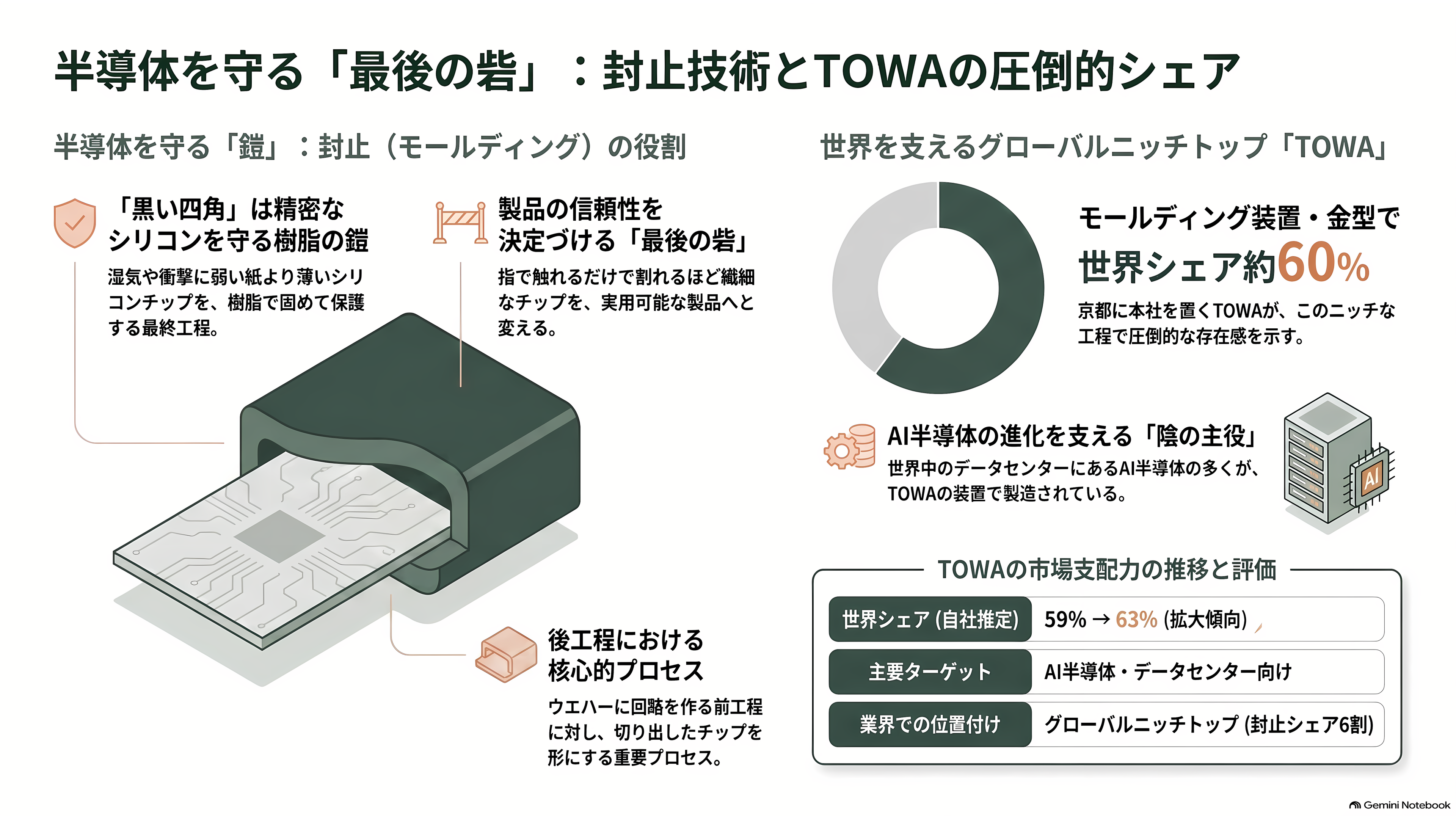 TOWA(6315)、AI半導体を樹脂で守る圧縮成形技術。HBM需要で受注最高・利益減 - 基板の上の「黒い四角」は、実は鎧である - 章扉