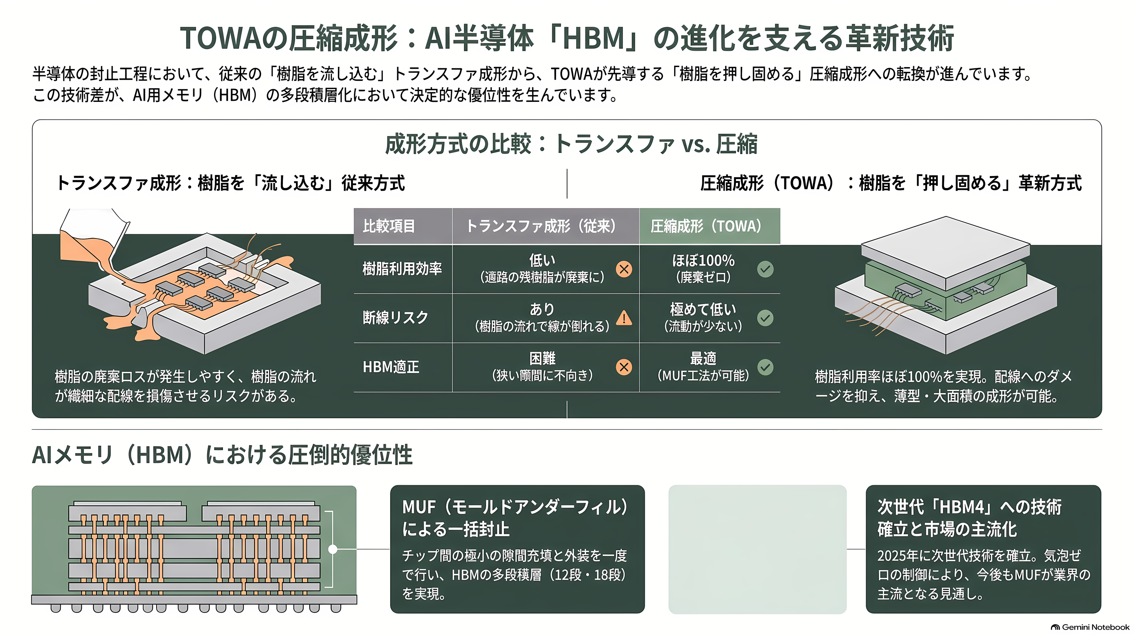 TOWA(6315)、AI半導体を樹脂で守る圧縮成形技術。HBM需要で受注最高・利益減 - 流し込む成形から、押し固める成形へ - 章扉