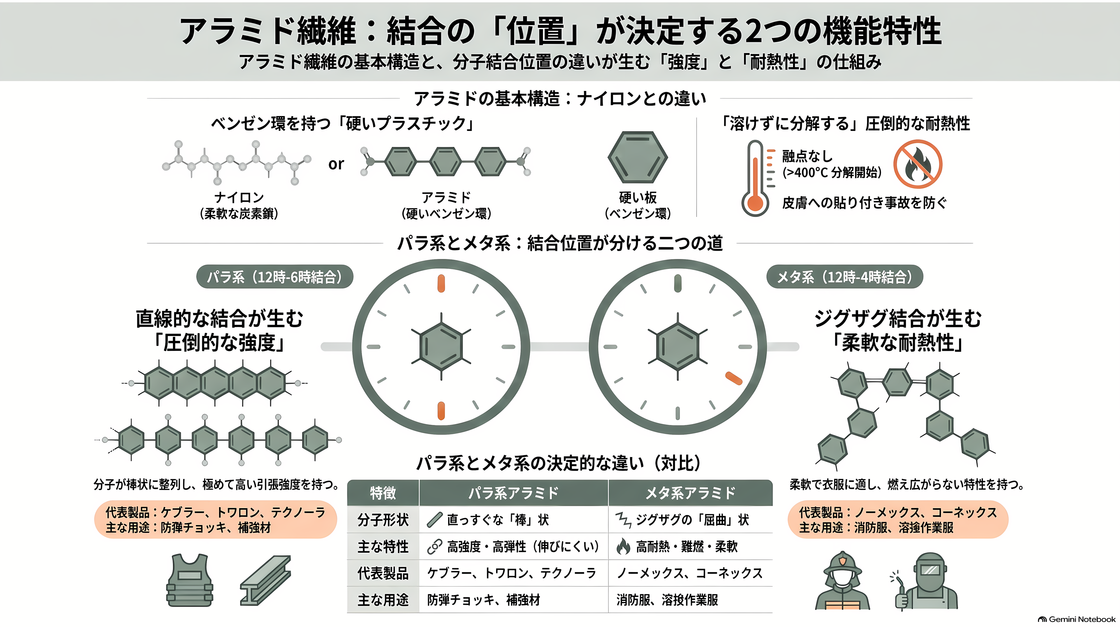 軽量、超高強度、高耐熱のアラミド繊維(Aramid fiber)とは。パラ系アラミド繊維とメタ系アラミド繊維 - アラミド繊維とは、ベンゼン環が一列に並んだプラスチックである - 章扉