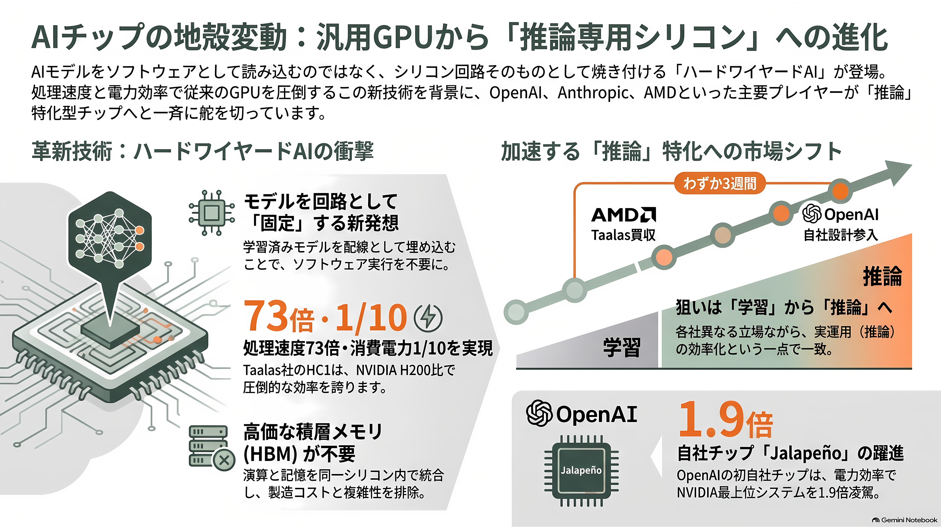 AI関連各社が一斉に推論専用の自社チップ開発へ。OpenAI Jalapeño(ハラペーニョ)、AMDによるTaalas買収、Anthropicも設計チームを始動 - 一枚のチップに焼き込まれたAI - 章扉