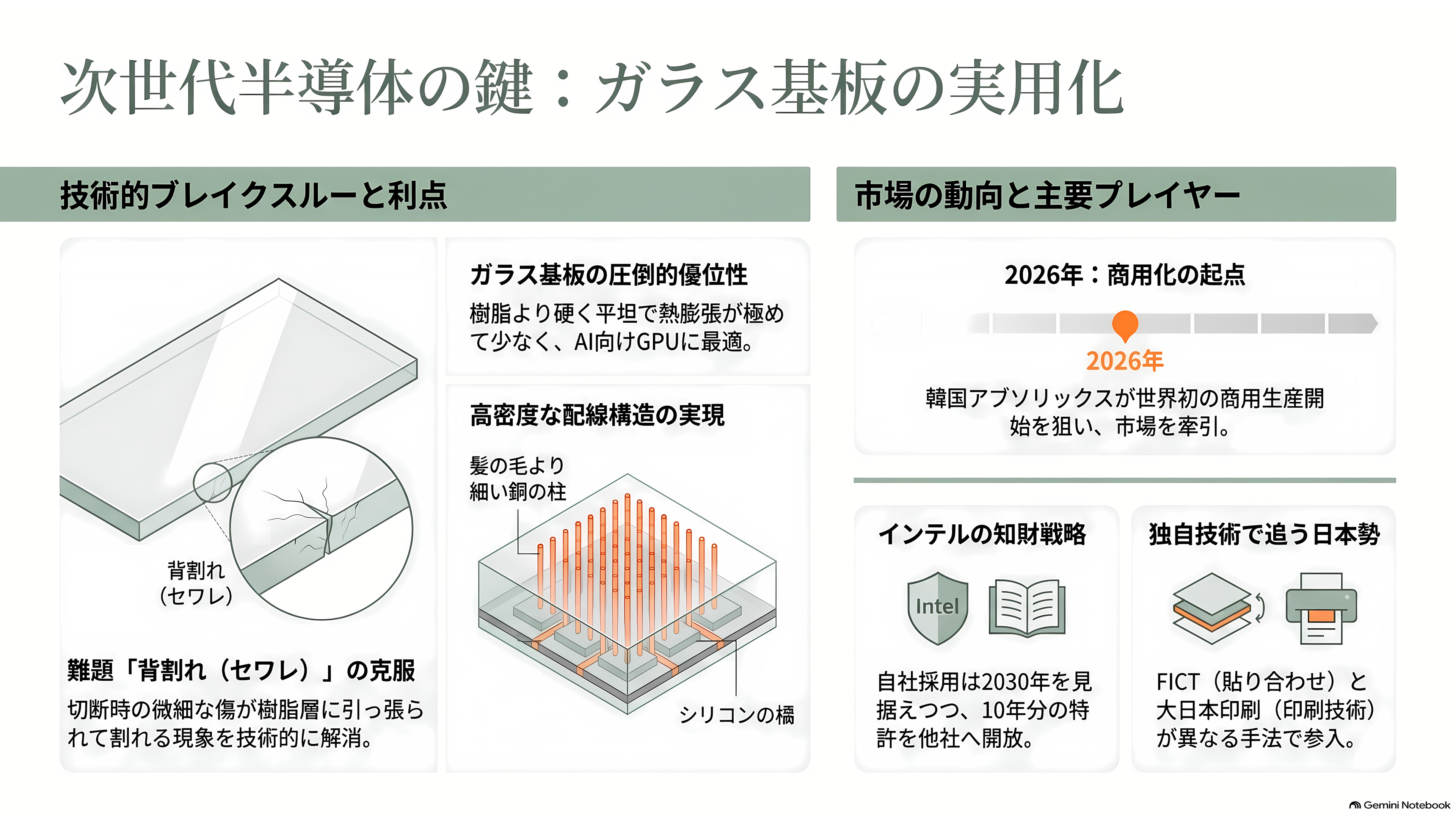 ガラスコア基板の量産競争、SK系アブソリックスは2026年内の生産、インテルは2030年をめど。日本のFICT、大日本印刷(7912)は積層と材料で追う - ガラスは割れる、という常識が崩れた - 章扉
