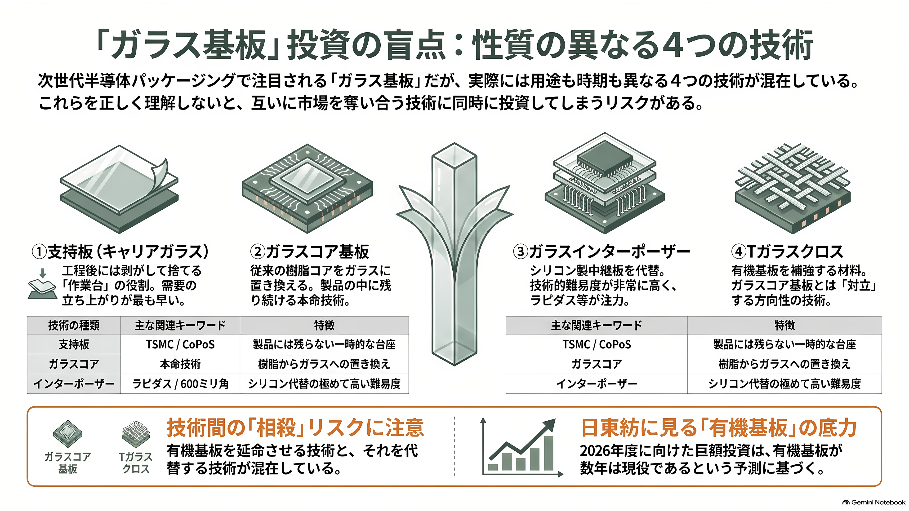 ガラスコア基板の量産競争、SK系アブソリックスは2026年内の生産、インテルは2030年をめど。日本のFICT、大日本印刷(7912)は積層と材料で追う - 「ガラス」と呼ばれている4つの別物 - 章扉