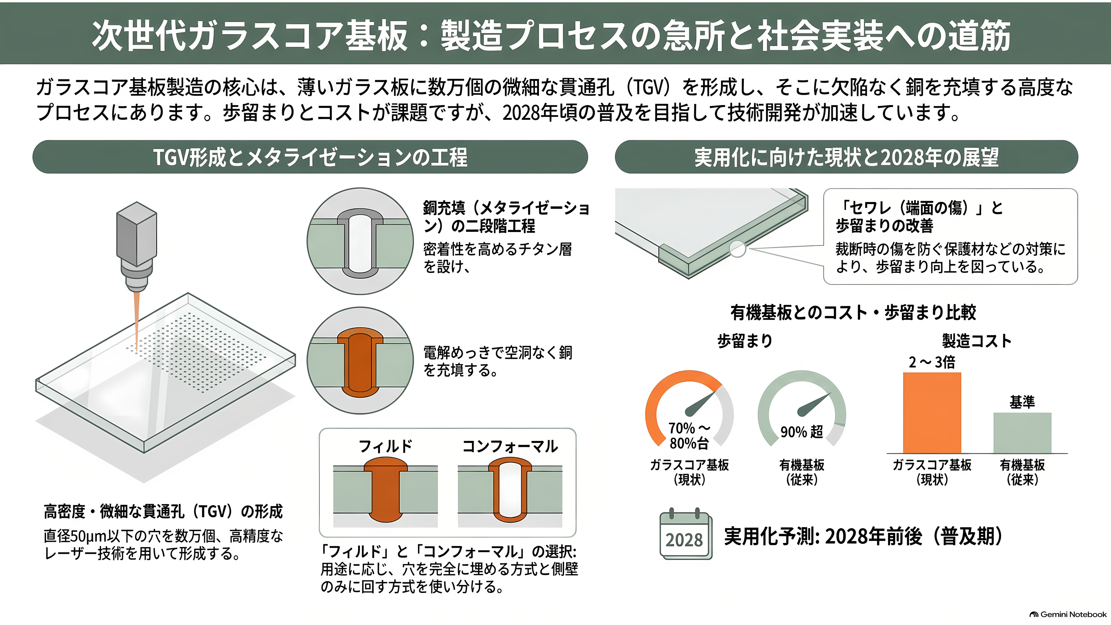 ガラスコア基板の量産競争、SK系アブソリックスは2026年内の生産、インテルは2030年をめど。日本のFICT、大日本印刷(7912)は積層と材料で追う - ガラスに穴を開けて銅を詰める、という難所 - 章扉