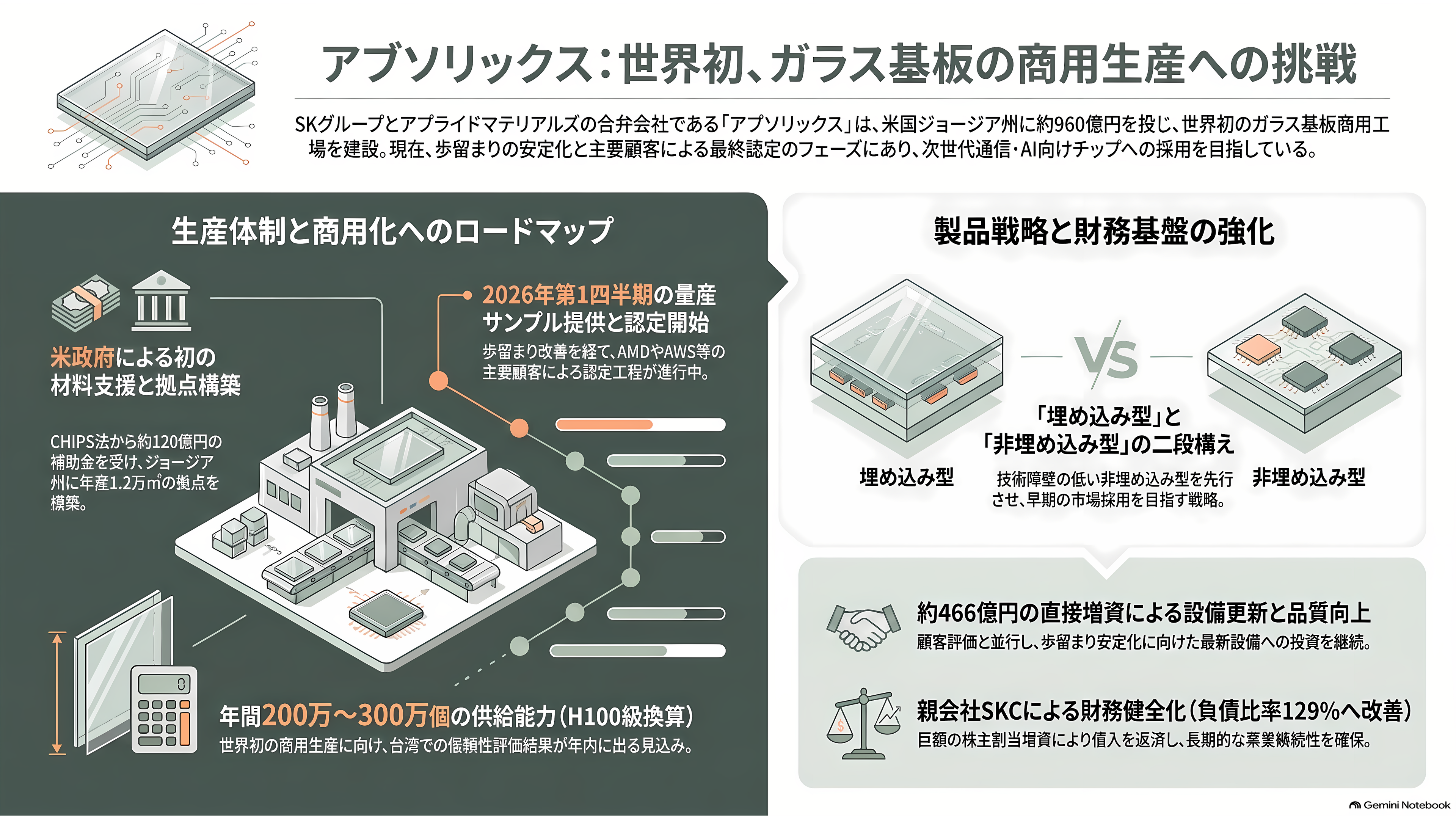ガラスコア基板の量産競争、SK系アブソリックスは2026年内の生産、インテルは2030年をめど。日本のFICT、大日本印刷(7912)は積層と材料で追う - アブソリックス、世界初の商用生産に最も近い会社 - 章扉