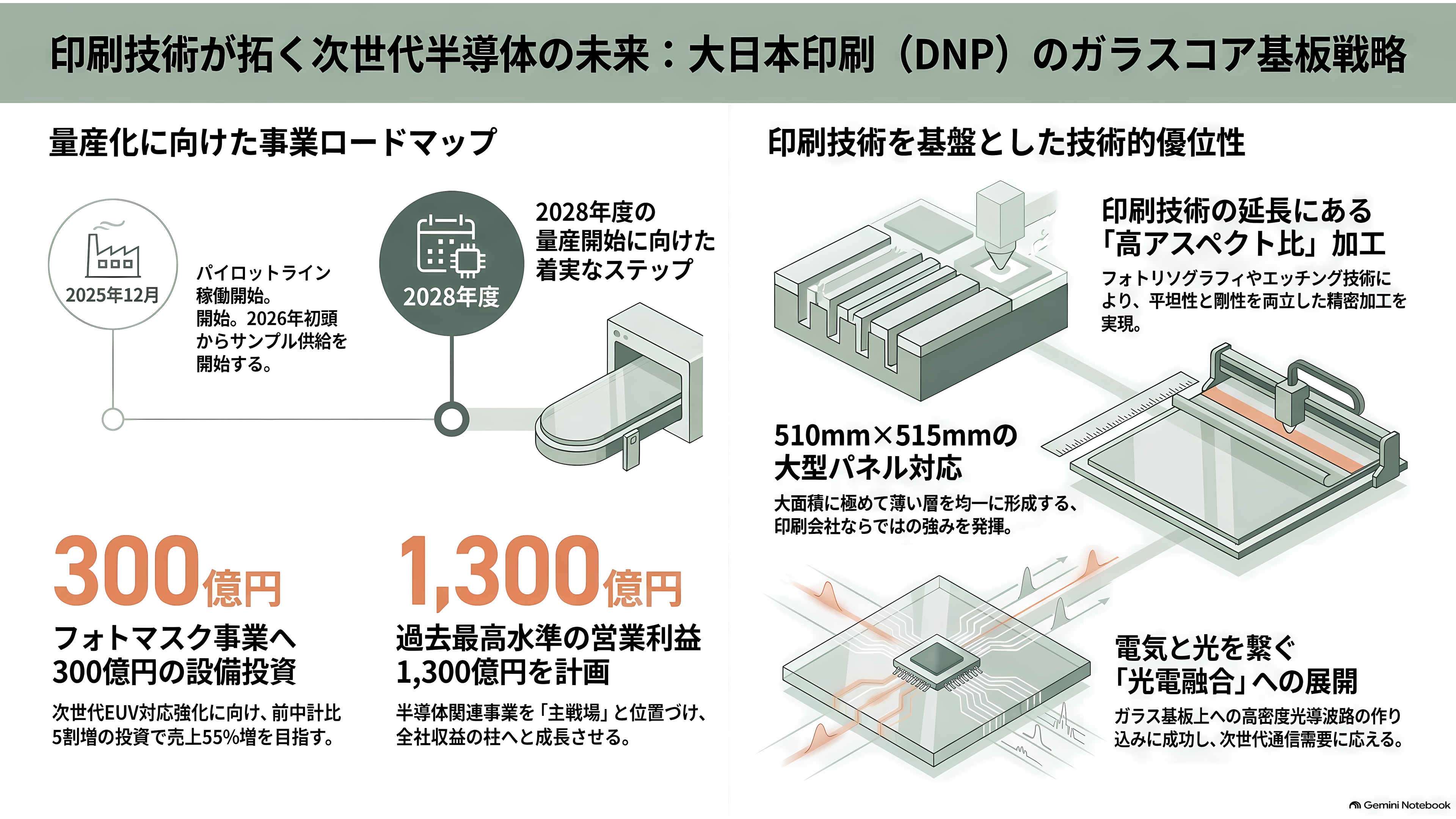 ガラスコア基板の量産競争、SK系アブソリックスは2026年内の生産、インテルは2030年をめど。日本のFICT、大日本印刷(7912)は積層と材料で追う - 大日本印刷、印刷の技術でガラスに穴を開ける - 章扉