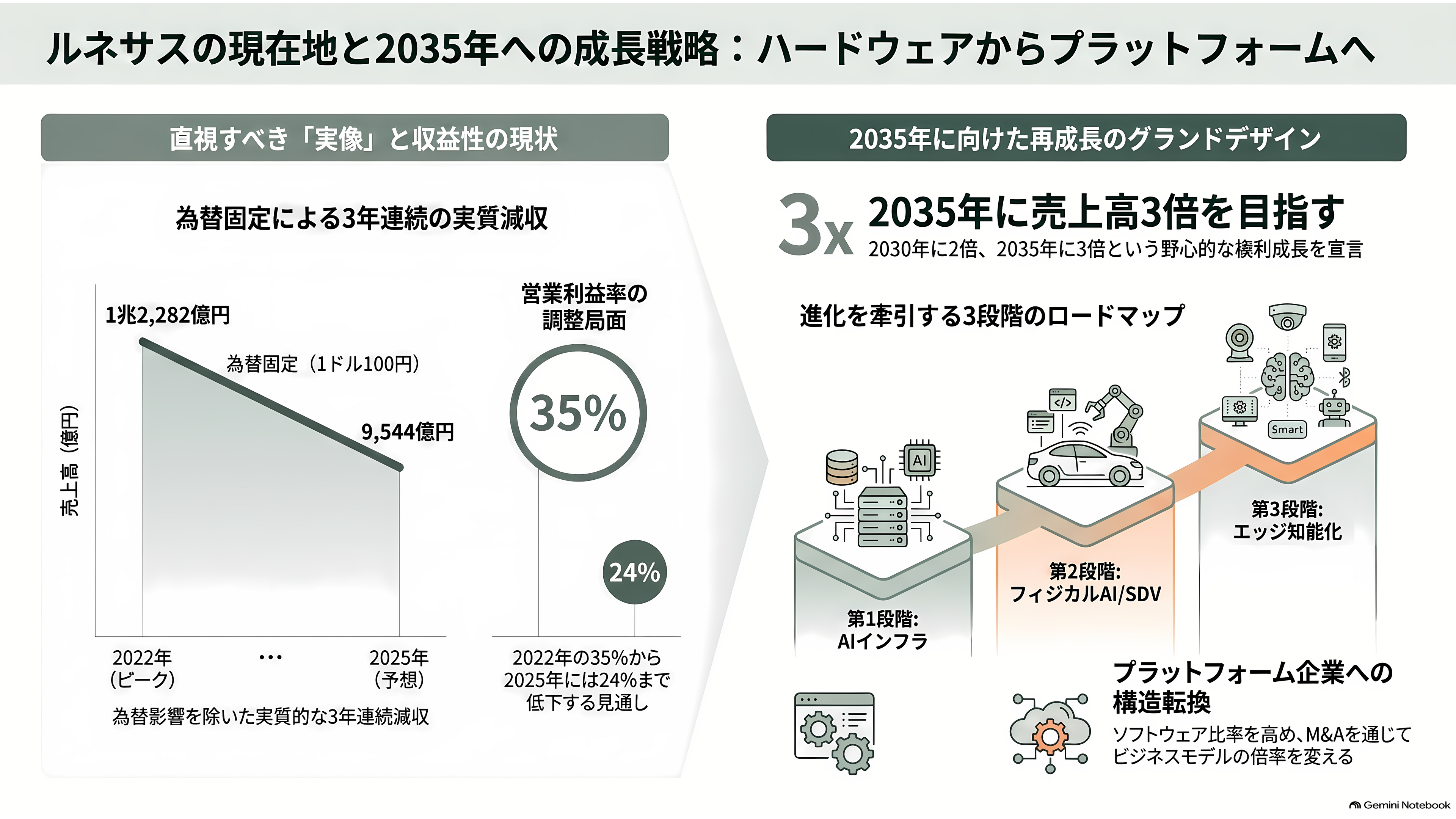 ルネサスエレクトロニクス（6723）、営業利益率52%のタイミングデバイス事業を売却。マイコンとSoCに集中し、AI分野へ投資 - 投資家はどう見ているか——為替を止めると、売上は3年連続で縮んでいた - 章扉