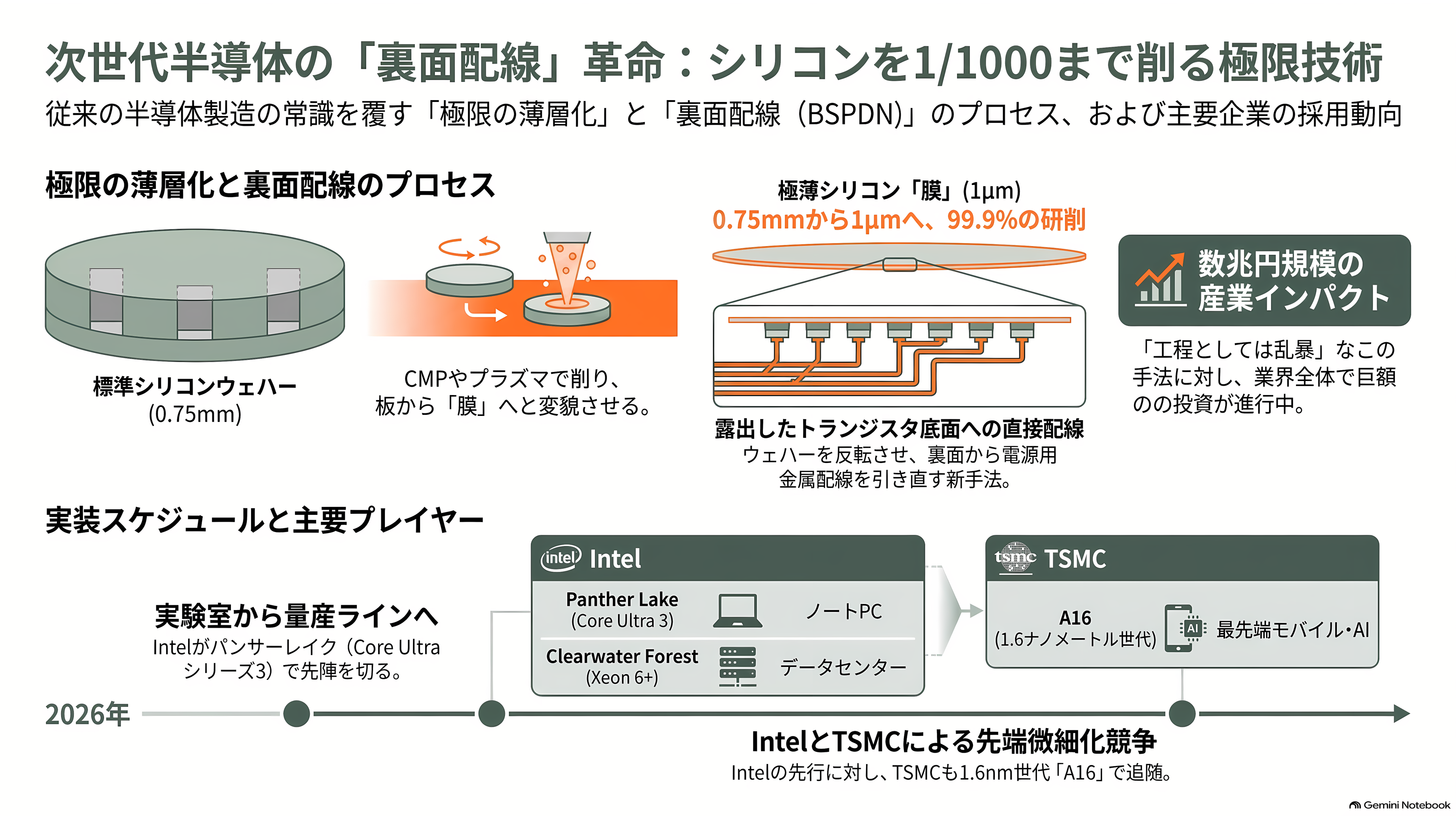 トランジスタの裏側から電源を配る裏面電源供給(BSPDN)。インテルの PowerVia と、TSMC の Super Power Rail - 直径30センチのシリコンを、1000分の1まで削る - 章扉