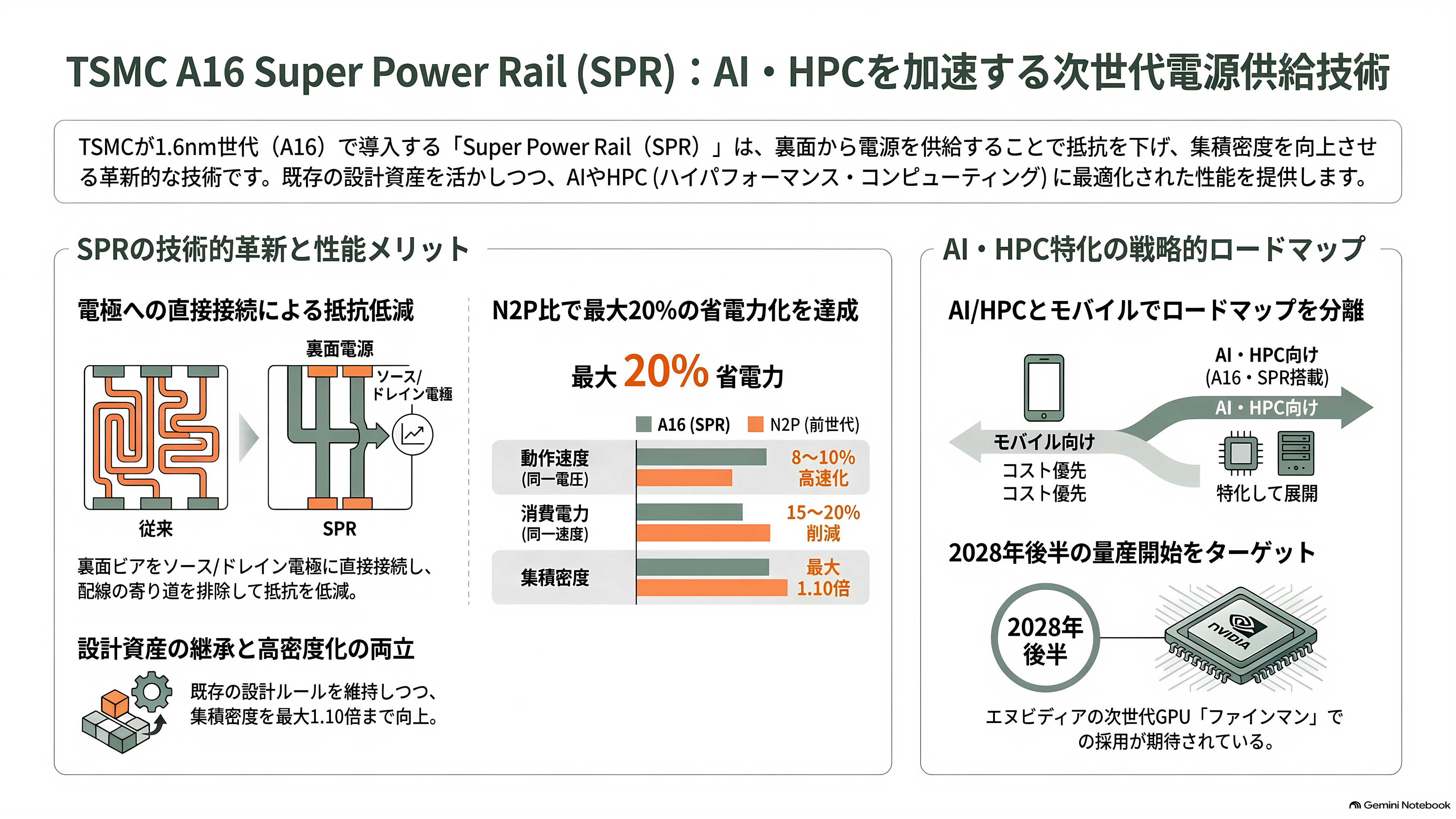 トランジスタの裏側から電源を配る裏面電源供給(BSPDN)。インテルの PowerVia と、TSMC の Super Power Rail - TSMC の Super Power Rail — 後から出して、密度で抜く - 章扉