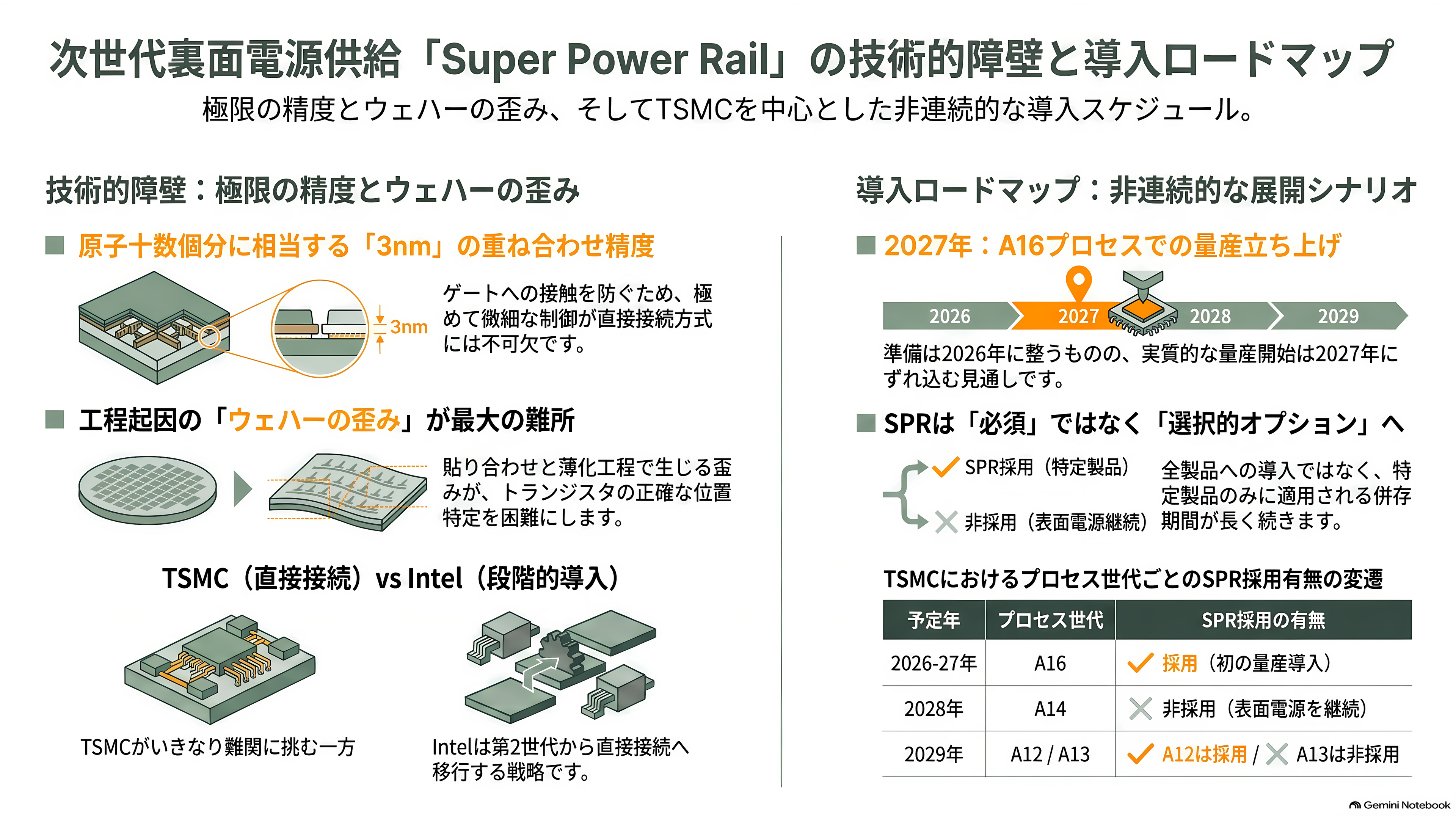 トランジスタの裏側から電源を配る裏面電源供給(BSPDN)。インテルの PowerVia と、TSMC の Super Power Rail - Super Power Rail の課題 — 難しさと、ずれた時期 - 章扉