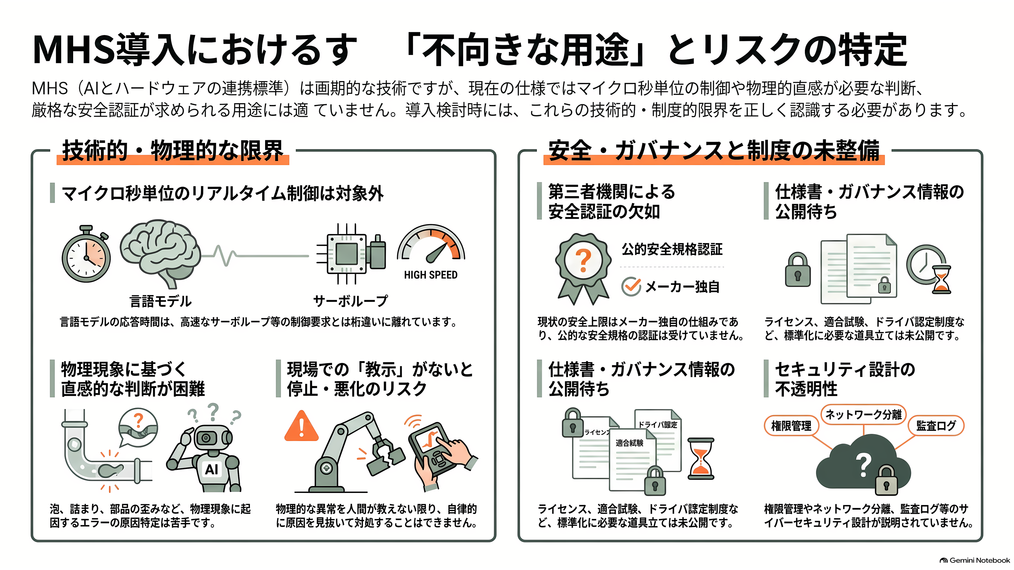 Anthropic（アンソロピック）、MHS（Model Hardware Standard）を公開。紙のマニュアルと担当者の頭の中にあった装置の安全な動かし方を、機械が読めるドライバに埋め込む - 向いていない用途 - 章扉