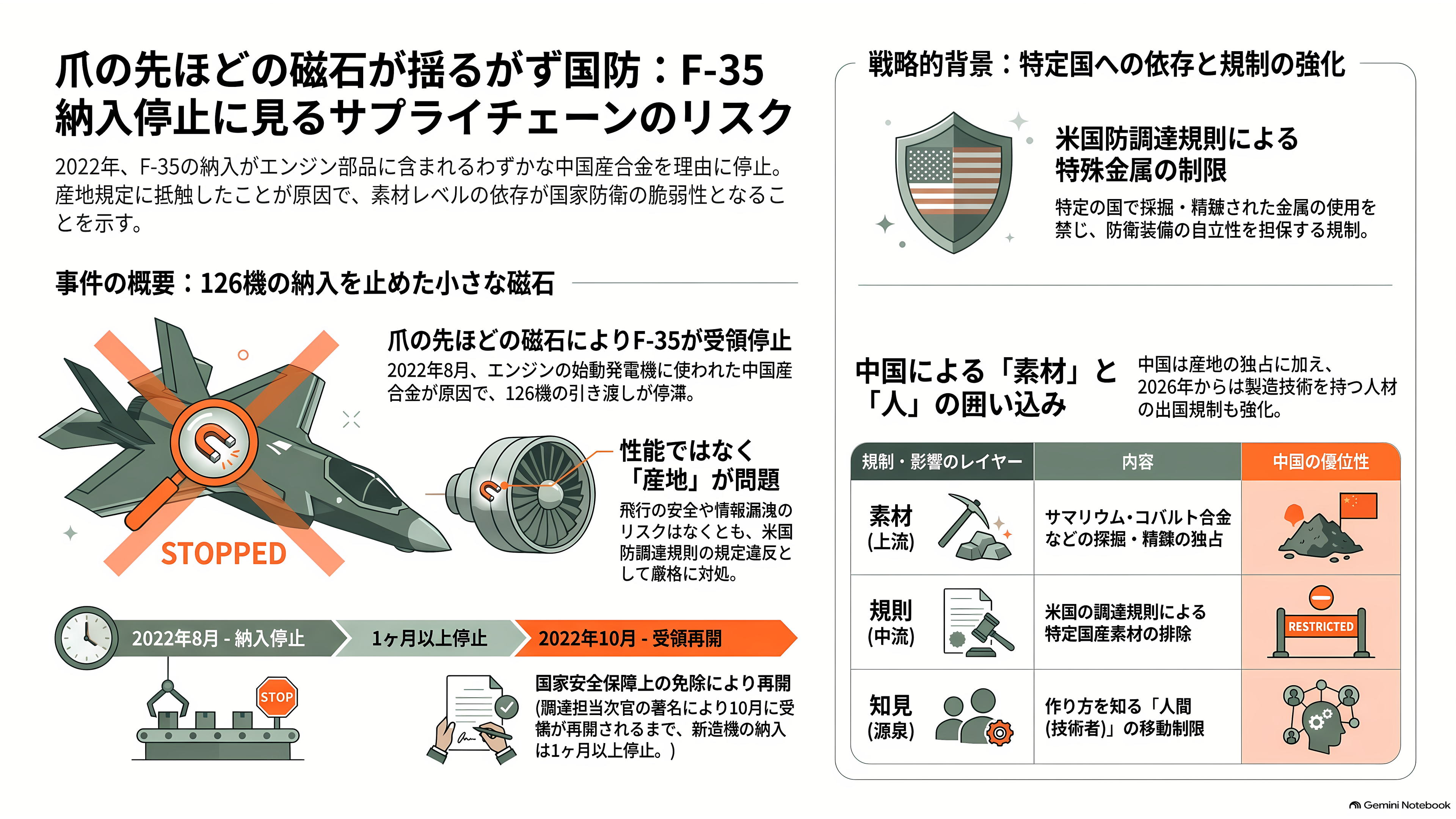 中国鎖国と騒がれる出入国管理規定が施行。ミサイル操舵、対潜哨戒、航空宇宙、海中センサーなどに利用されるレアアース磁石、ジスプロシウム（Dy）・テルビウム（Tb）・サマリウム（Sm）の製造技術流出を阻止 - 戦闘機126機を止めた、爪の先ほどの磁石 - 章扉