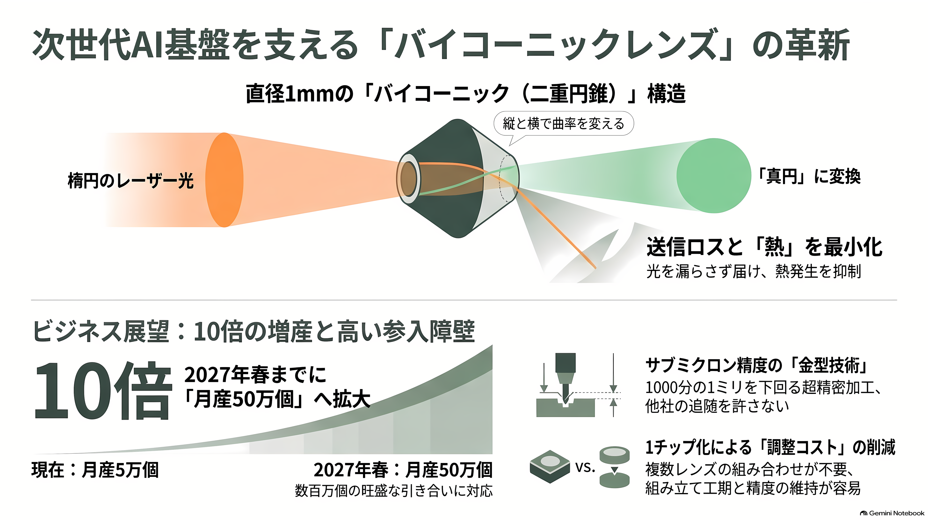 アルプスアルパイン（6770）、光電融合（CPO）用のバイコーニックレンズが好調、2027年春までに月産10倍へ - 縦と横で曲がり方が違うレンズ - 章扉
