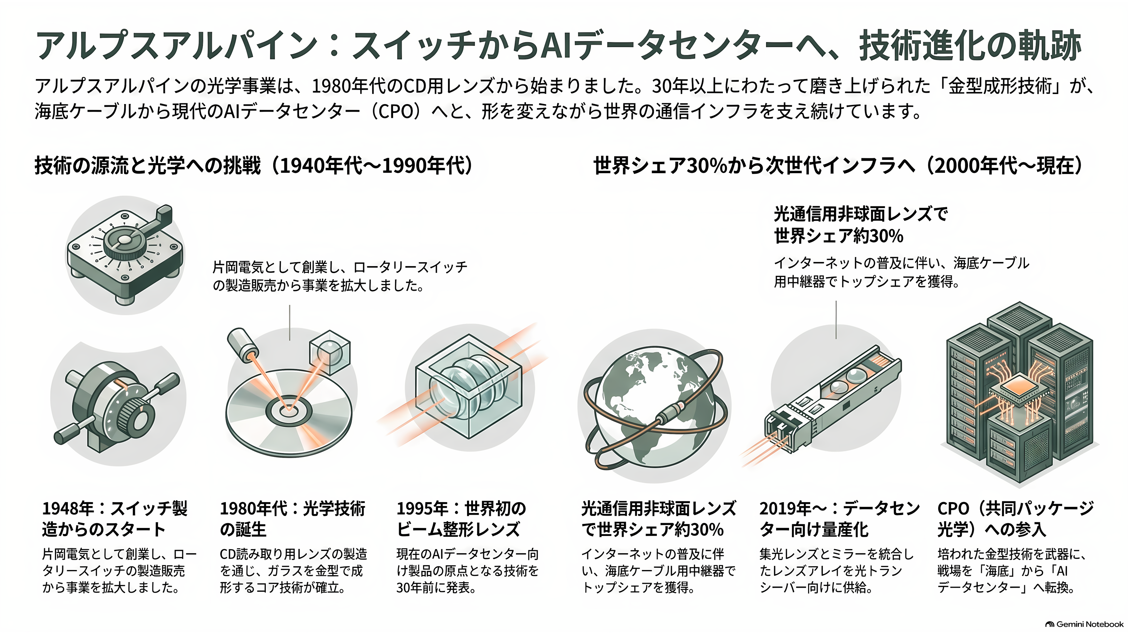 アルプスアルパイン（6770）、光電融合（CPO）用のバイコーニックレンズが好調、2027年春までに月産10倍へ - スイッチ屋がなぜレンズを持っているのか - 章扉