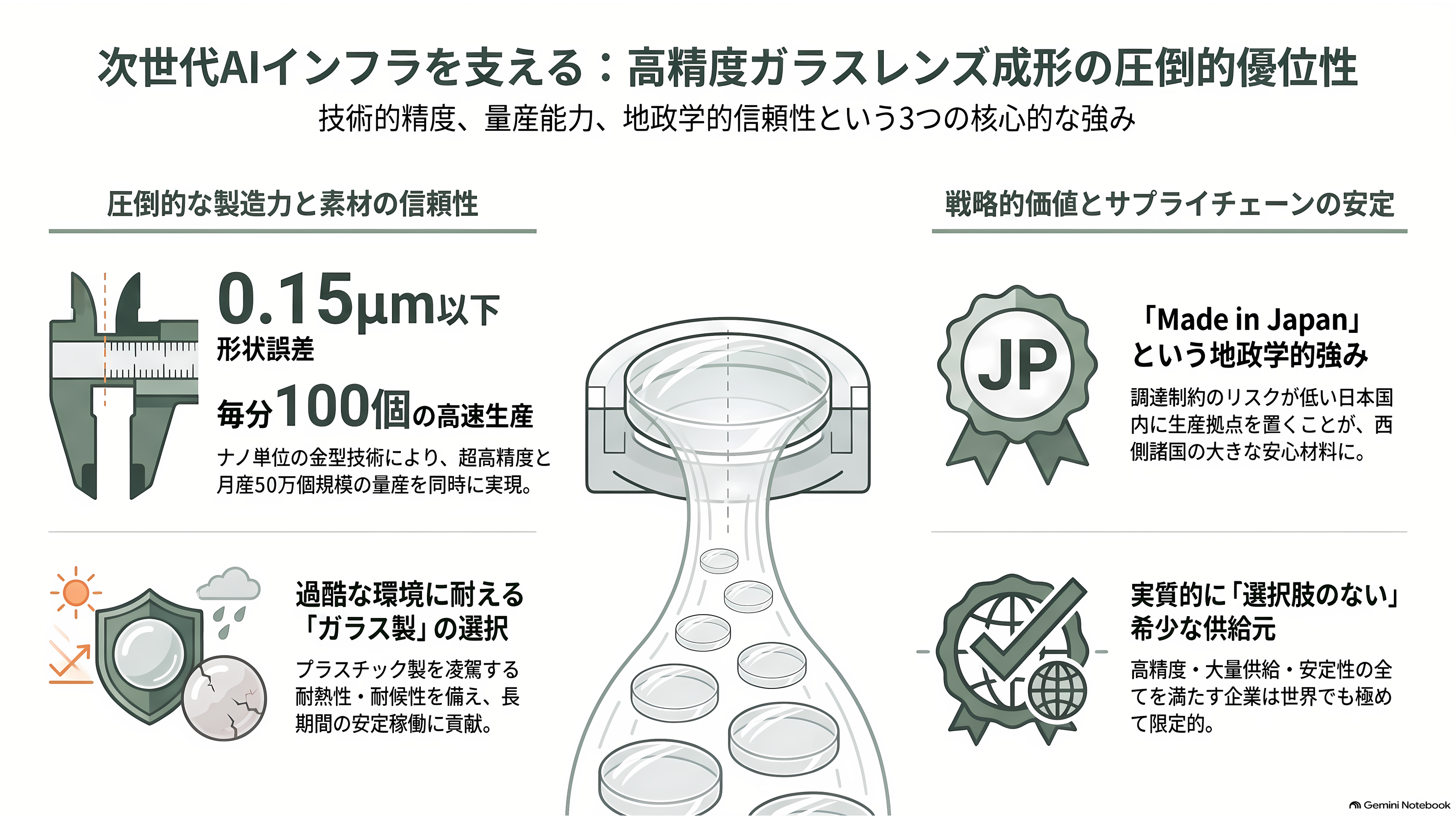 アルプスアルパイン（6770）、光電融合（CPO）用のバイコーニックレンズが好調、2027年春までに月産10倍へ - 強み：30年分の金型と、ガラスであること - 章扉