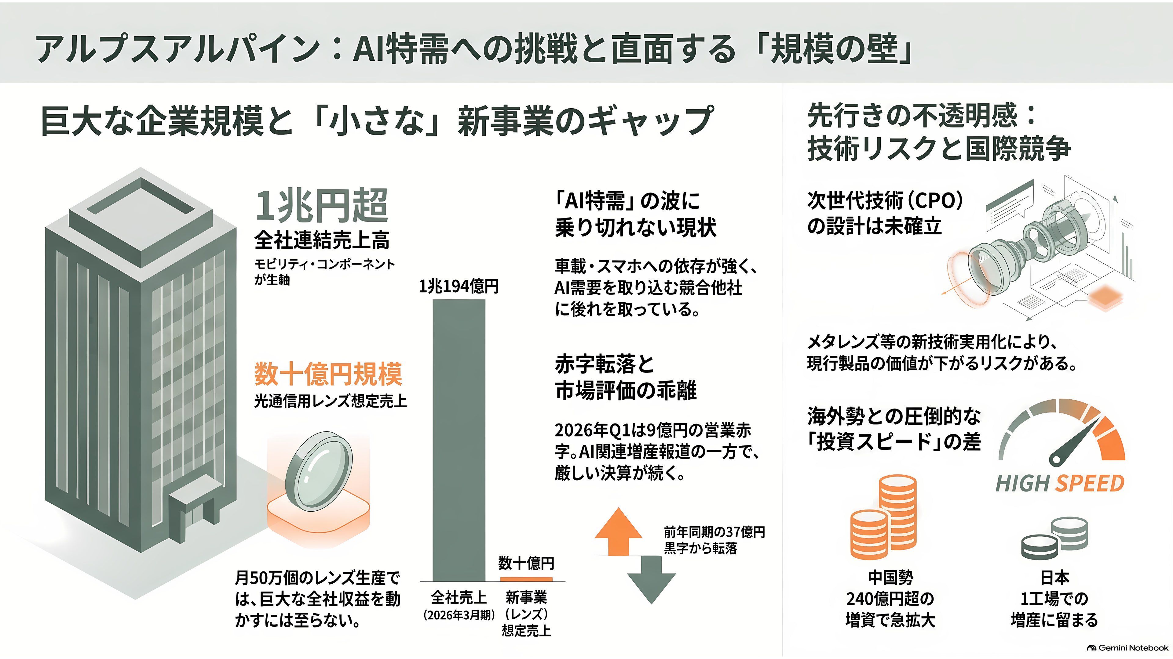 アルプスアルパイン（6770）、光電融合（CPO）用のバイコーニックレンズが好調、2027年春までに月産10倍へ - 課題：1兆円の会社にとって、月50万個は小さい - 章扉