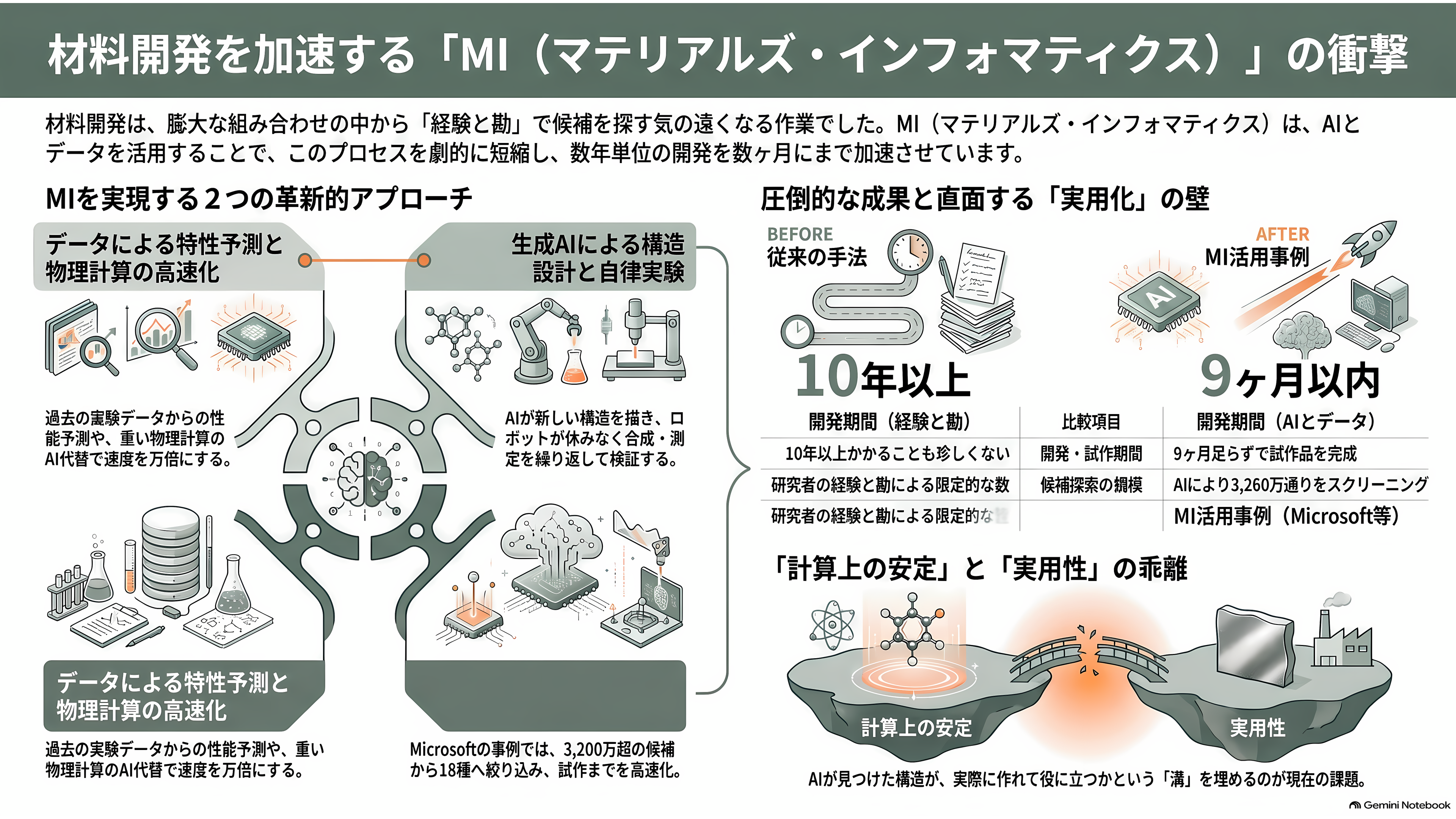 材料の次を決める材料探索AI（マテリアルズ・インフォマティクス）。PFNとENEOS（5020）のMatlantis、MicrosoftのMatterGen - 材料探索AI（マテリアルズ・インフォマティクス）とは - 章扉