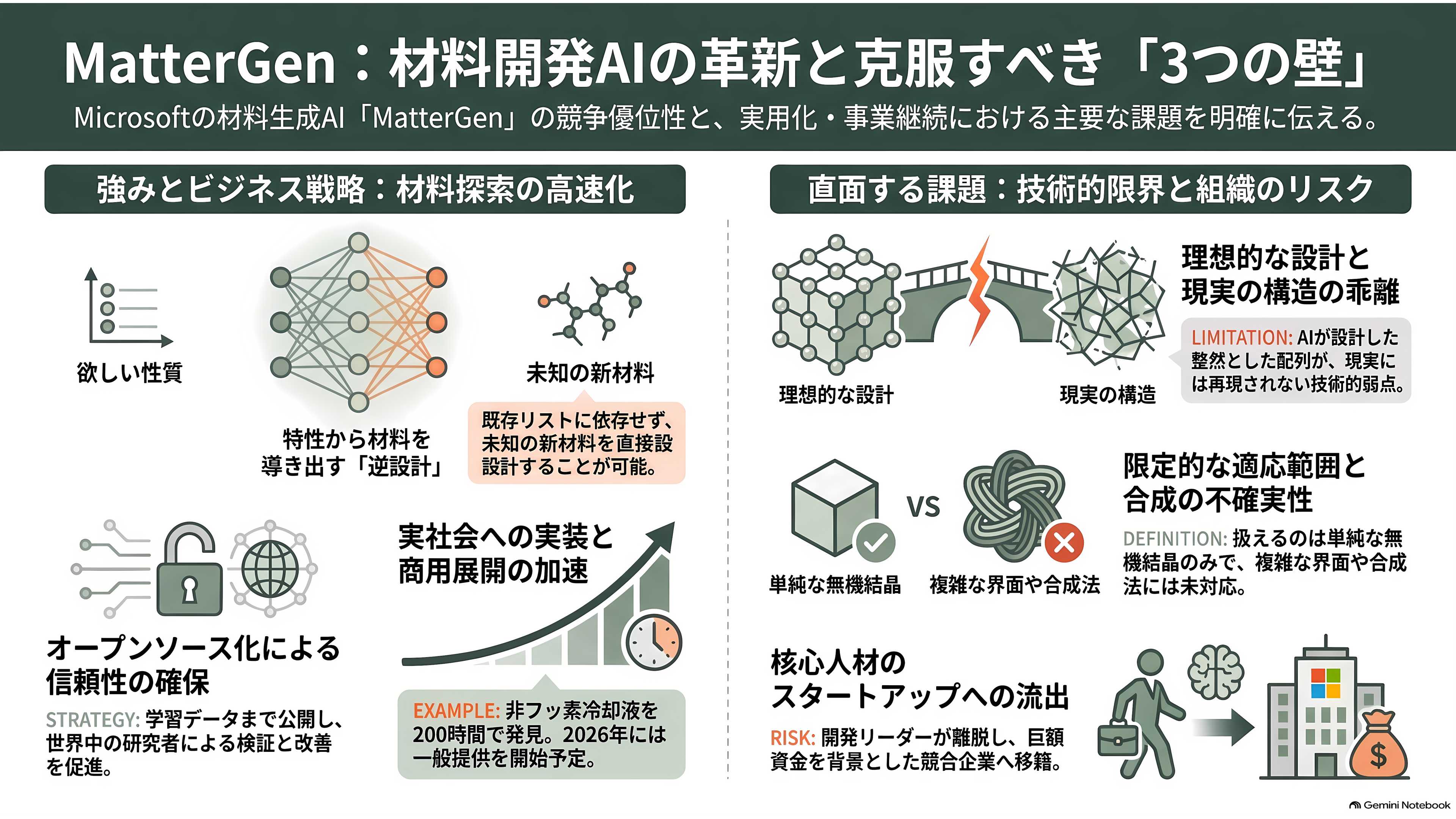 材料の次を決める材料探索AI（マテリアルズ・インフォマティクス）。PFNとENEOS（5020）のMatlantis、MicrosoftのMatterGen - MatterGenの強みと課題 - 章扉