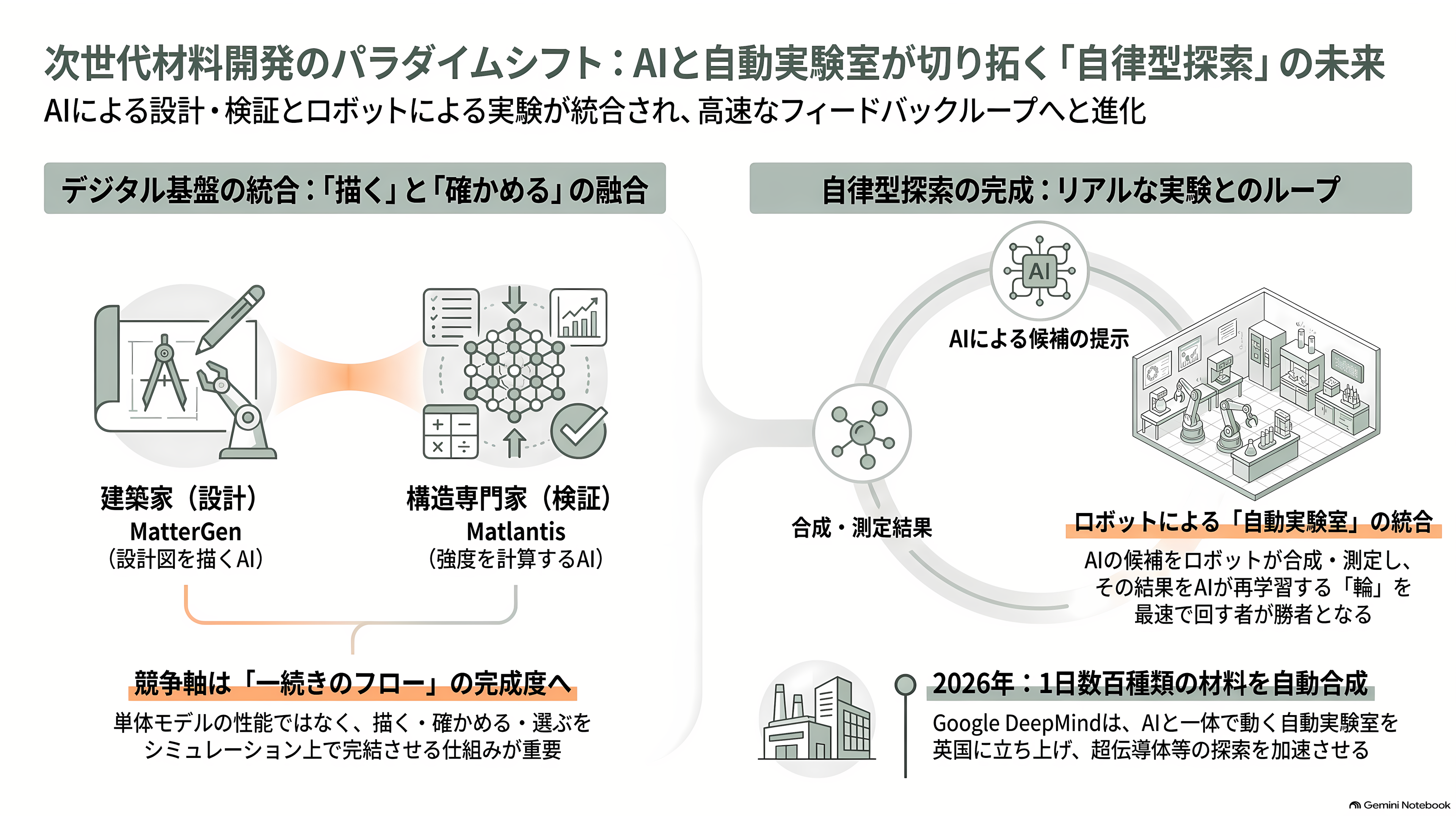 材料の次を決める材料探索AI（マテリアルズ・インフォマティクス）。PFNとENEOS（5020）のMatlantis、MicrosoftのMatterGen - 描くAI、確かめるAI、そして実験室 - 章扉