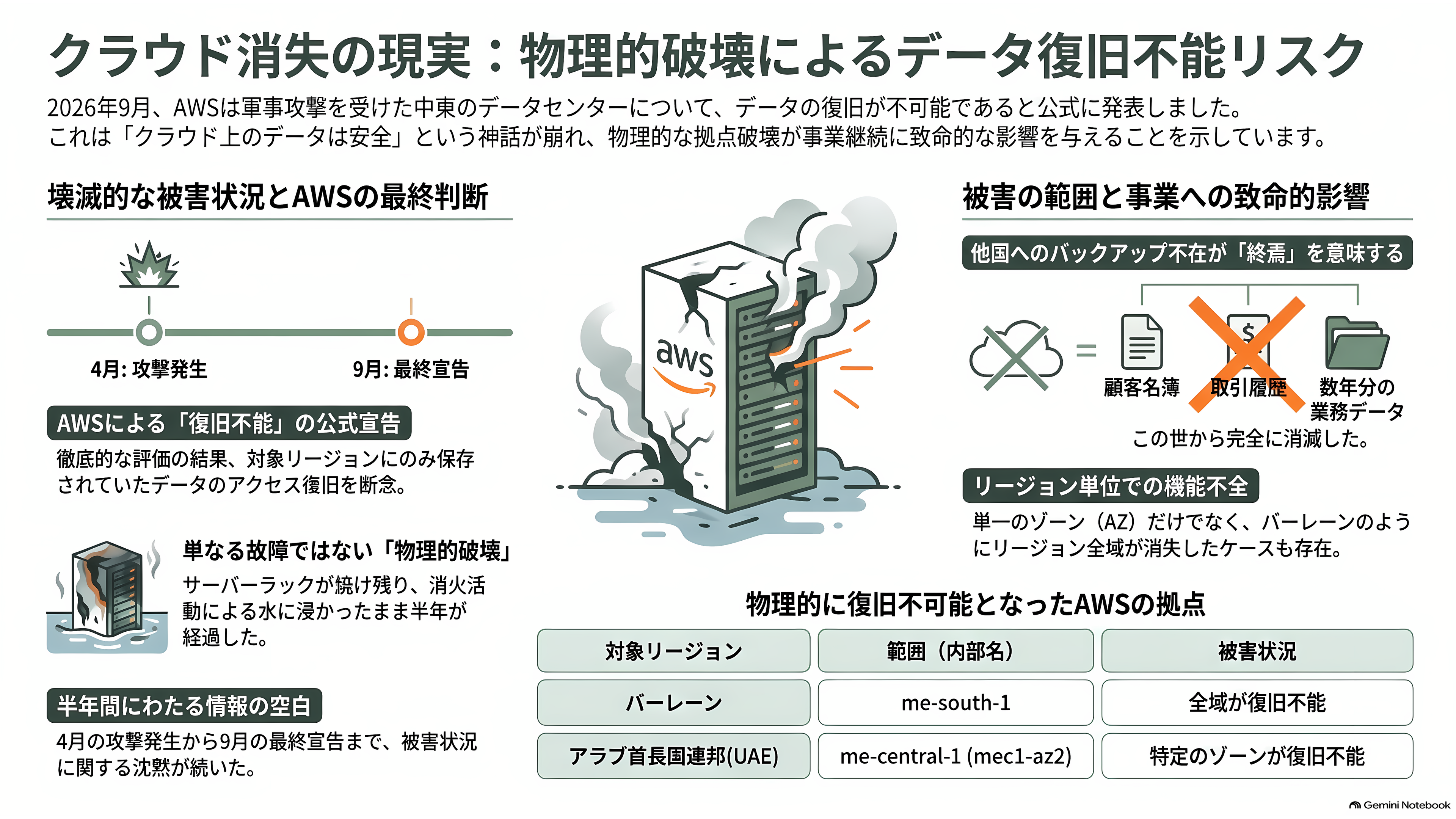 AWS、イランによる3月のドローン攻撃による被害で一部データの復旧を断念。永久に消失と発表 - 復旧できない、と書かれた一文 - 章扉