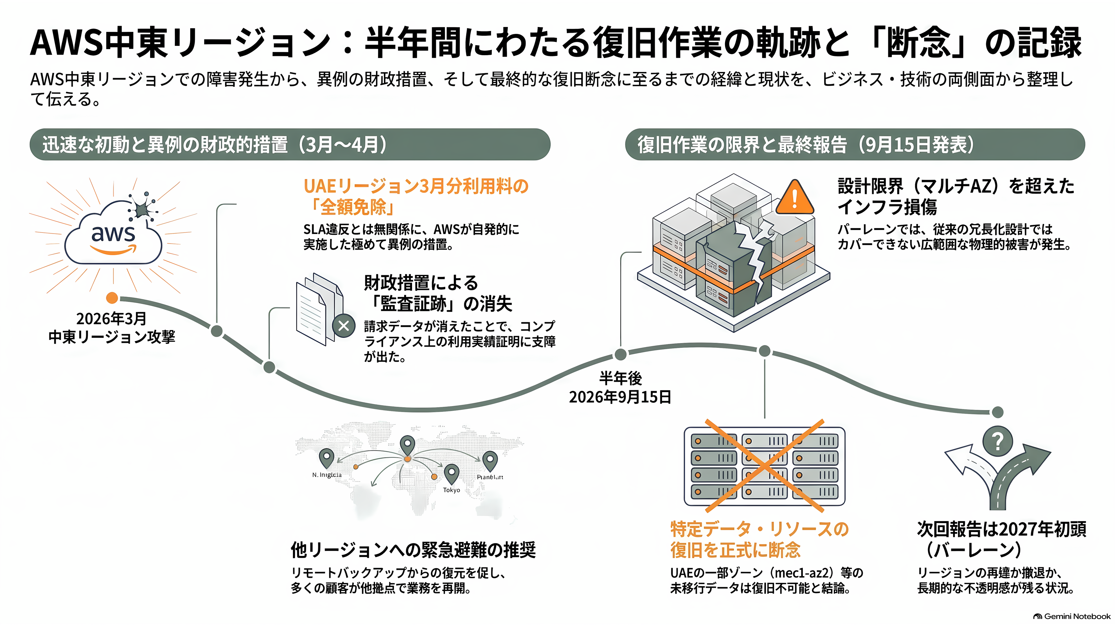 AWS、イランによる3月のドローン攻撃による被害で一部データの復旧を断念。永久に消失と発表 - 半年の復旧作業と、9月15日の断念 - 章扉