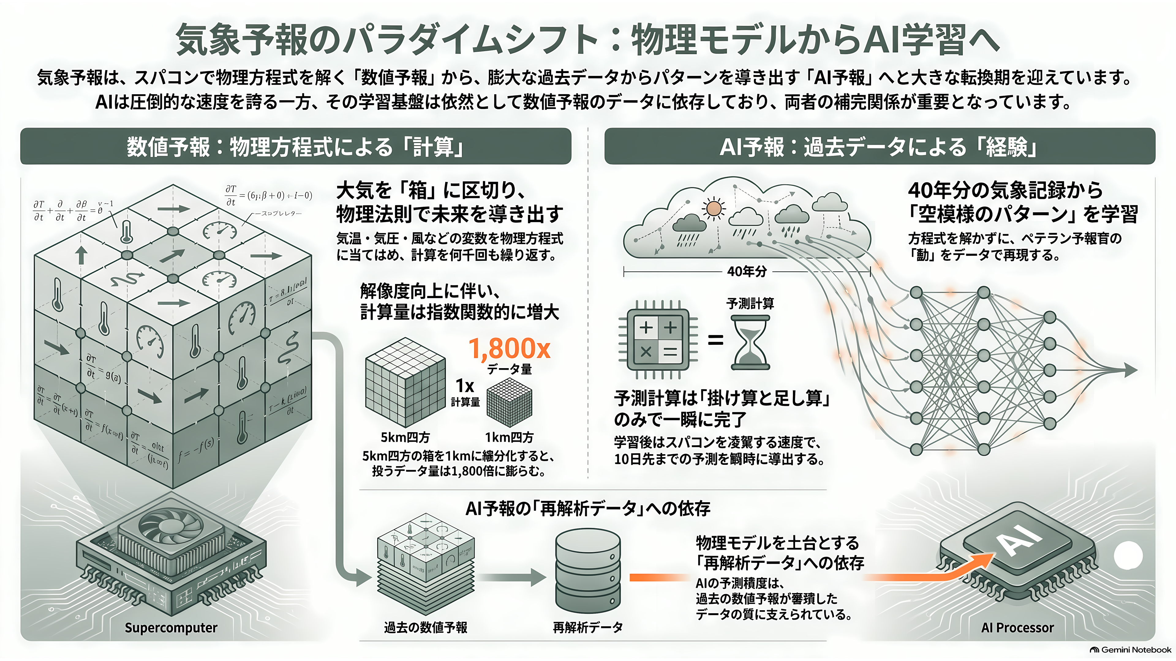 気象予測でAIがスーパーコンピュータを上回った。DeepMindのGraphCast・GenCastから、ECMWFのAIFS、そしてウェザーニューズ(4825)の1kmメッシュへ - 方程式を解く予報と、過去から学ぶ予報 - 章扉