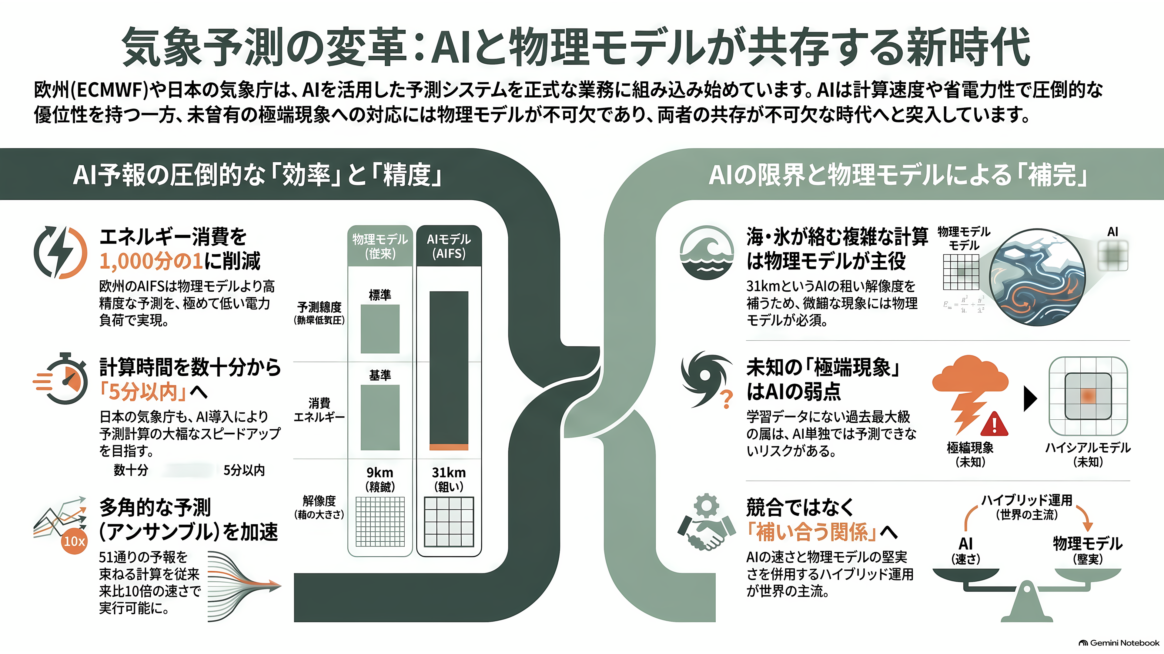 気象予測でAIがスーパーコンピュータを上回った。DeepMindのGraphCast・GenCastから、ECMWFのAIFS、そしてウェザーニューズ(4825)の1kmメッシュへ - 欧州と日本の公的機関も、AIを本番に入れた - 章扉