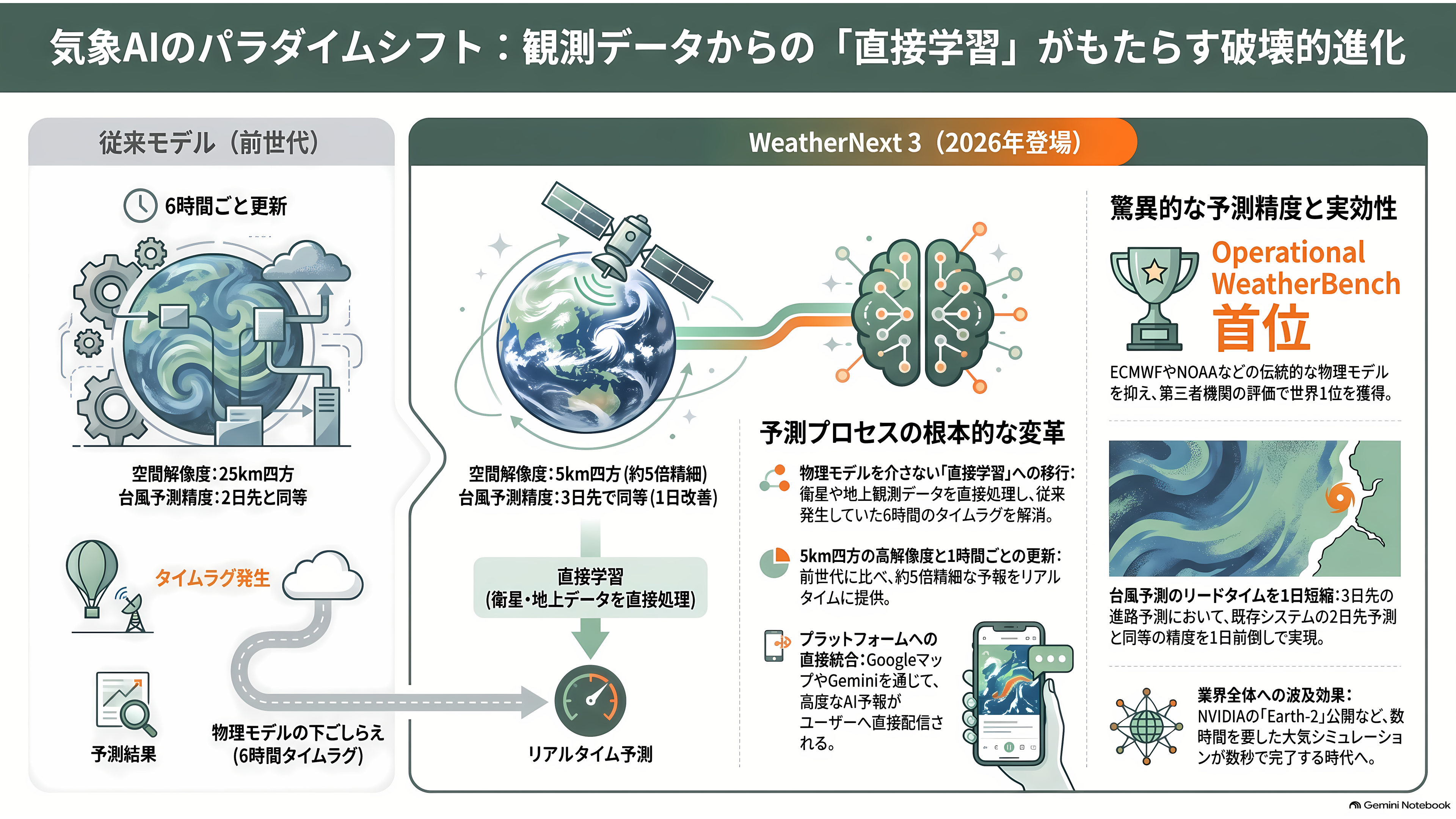 気象予測でAIがスーパーコンピュータを上回った。DeepMindのGraphCast・GenCastから、ECMWFのAIFS、そしてウェザーニューズ(4825)の1kmメッシュへ - 2026年、AIは観測データから直接学び始めた - 章扉