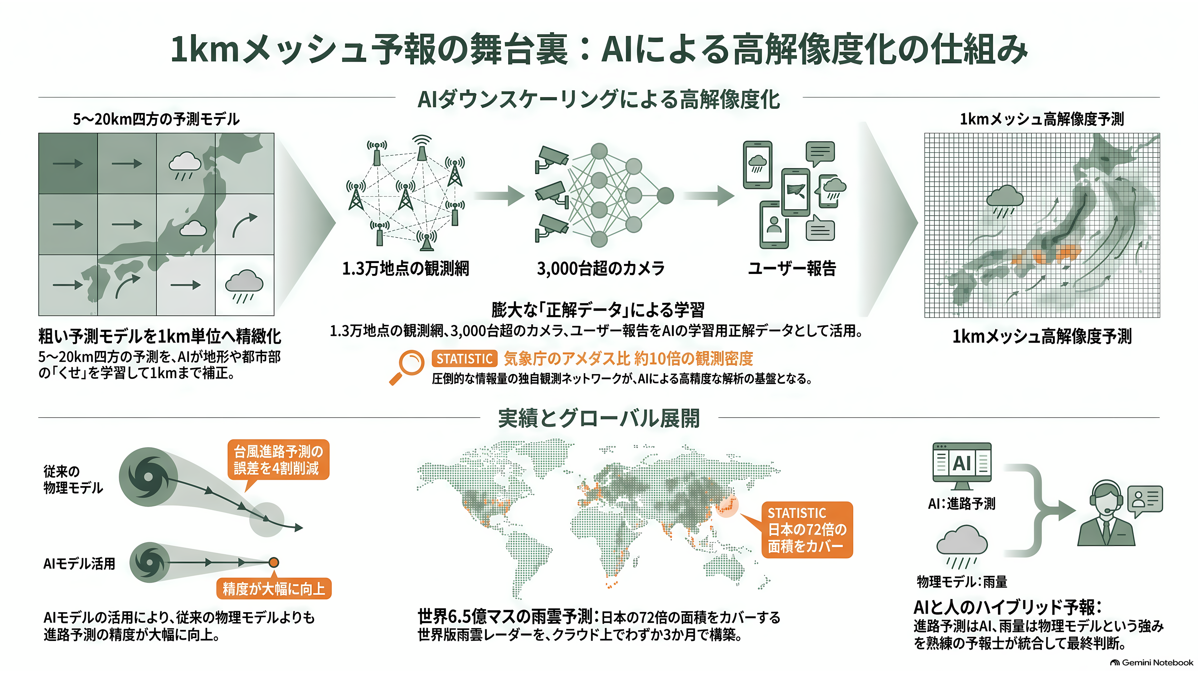 気象予測でAIがスーパーコンピュータを上回った。DeepMindのGraphCast・GenCastから、ECMWFのAIFS、そしてウェザーニューズ(4825)の1kmメッシュへ - 1kmメッシュの正体は、AIによる高解像度化 - 章扉