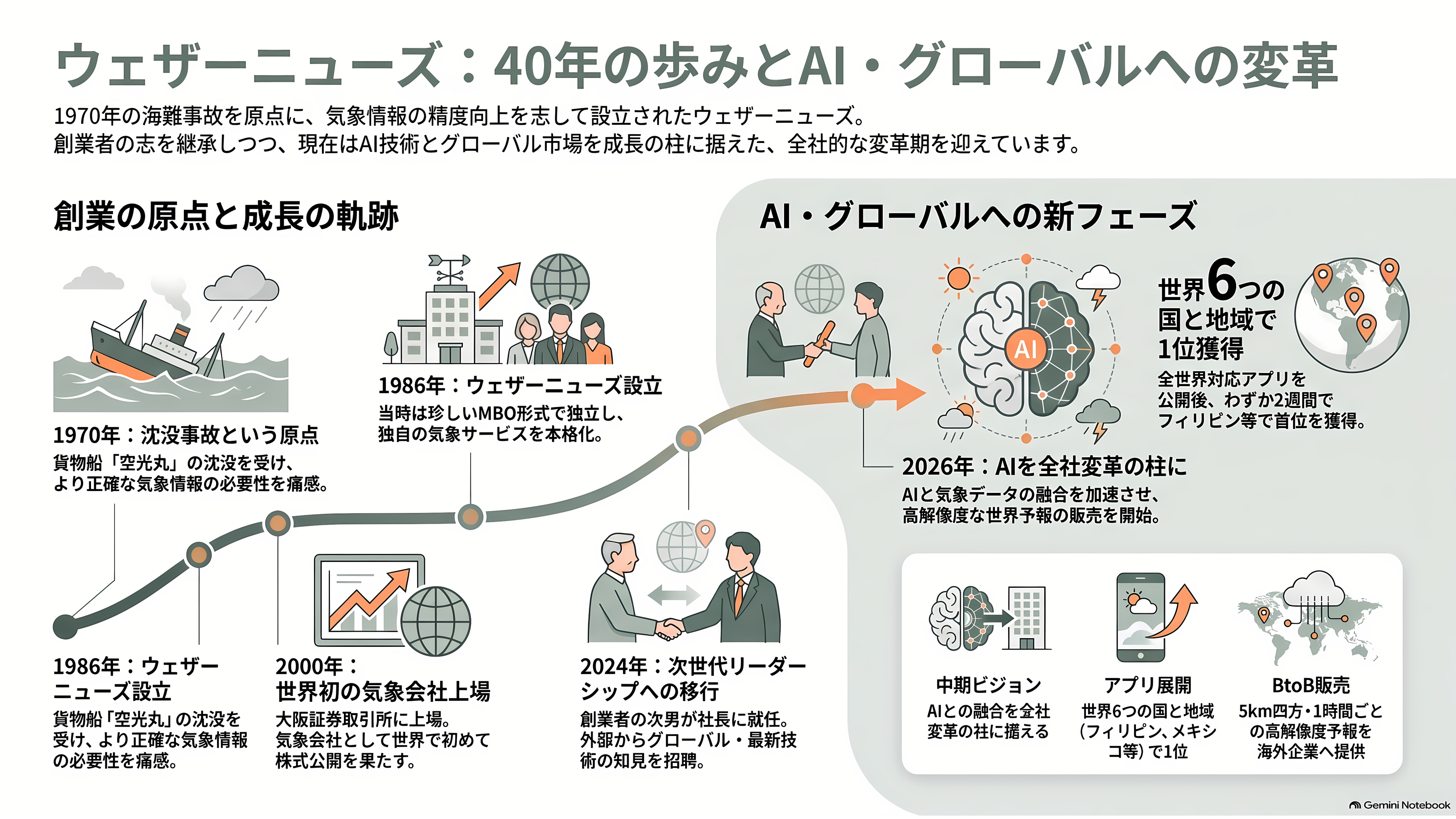 気象予測でAIがスーパーコンピュータを上回った。DeepMindのGraphCast・GenCastから、ECMWFのAIFS、そしてウェザーニューズ(4825)の1kmメッシュへ - 沈没事故から始まった40年の歩み - 章扉