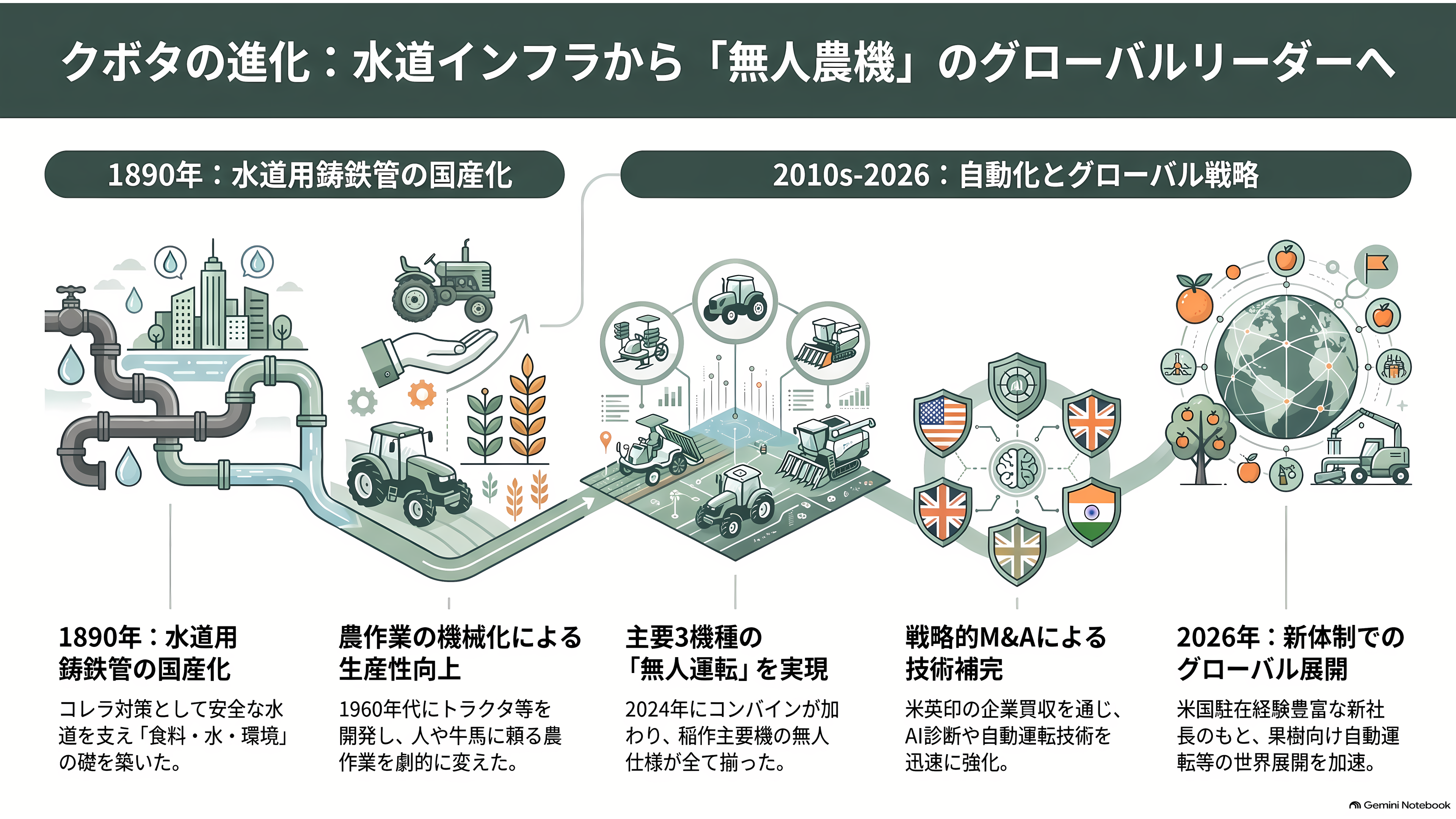 クボタ(6326)、自動運転農機とデータ基盤 - 創業から現在までの歩み。水道管から無人トラクタへ - 章扉