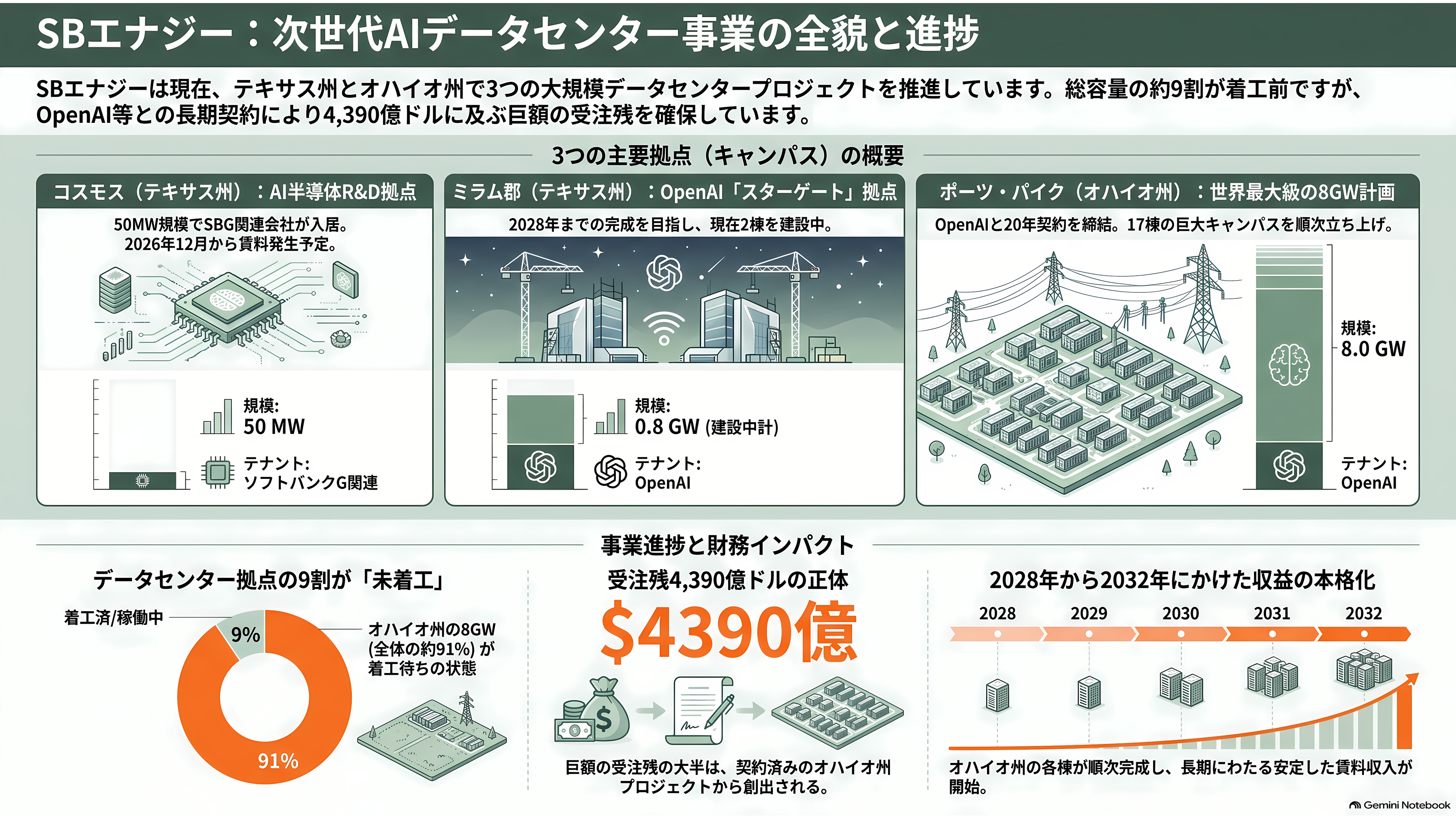 ソフトバンクG傘下の米SB Energy(SBエナジー)、IPOを延期。受注残43兆円のうち8年以内に売上になるのは18.7%、稼働中のデータセンターはゼロ - 3つのキャンパス——建設中は1割、オハイオはまだ図面の上 - 章扉