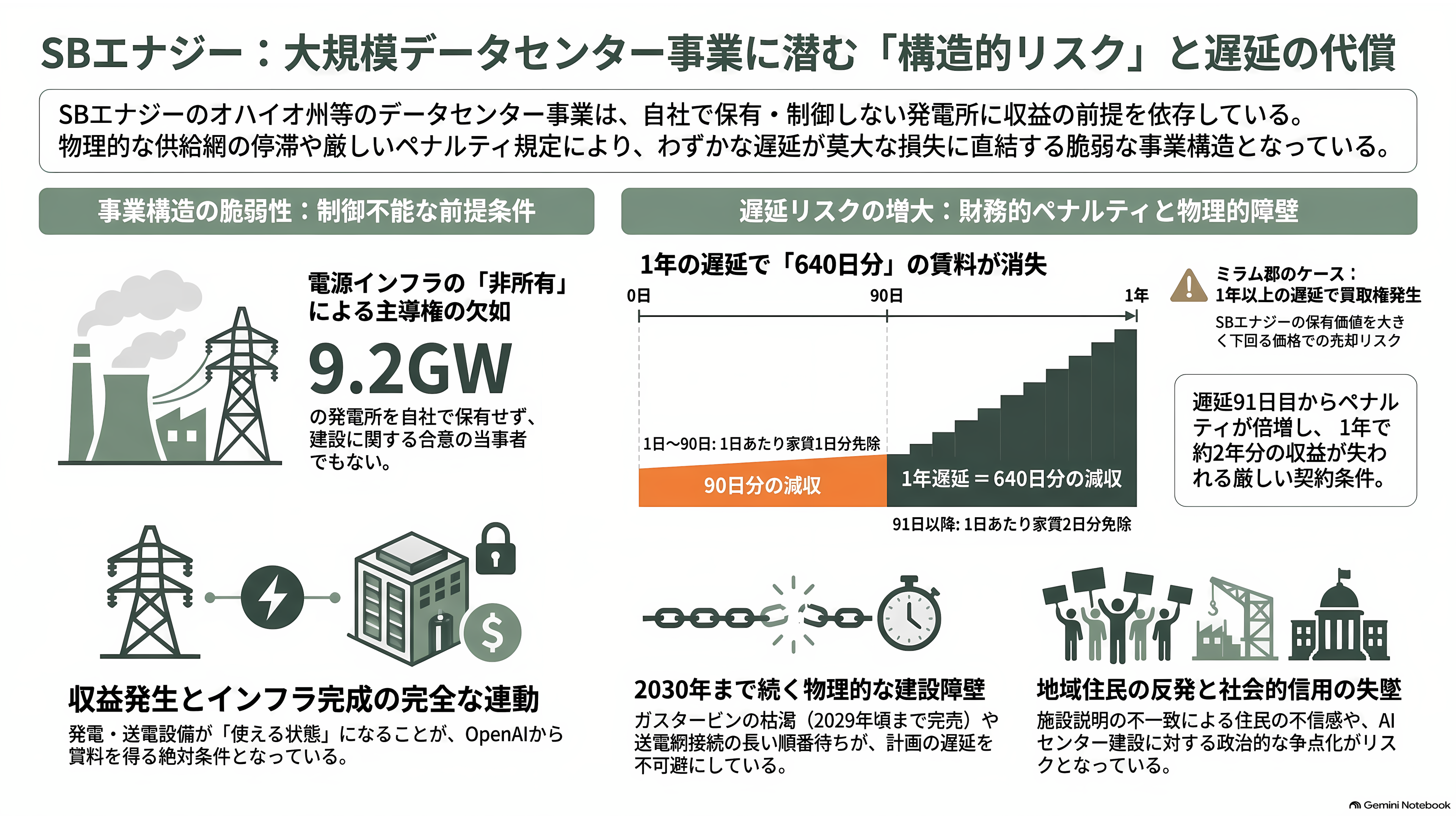 ソフトバンクG傘下の米SB Energy(SBエナジー)、IPOを延期。受注残43兆円のうち8年以内に売上になるのは18.7%、稼働中のデータセンターはゼロ - 課題③——自分では持たない発電所と、遅れの代償 - 章扉