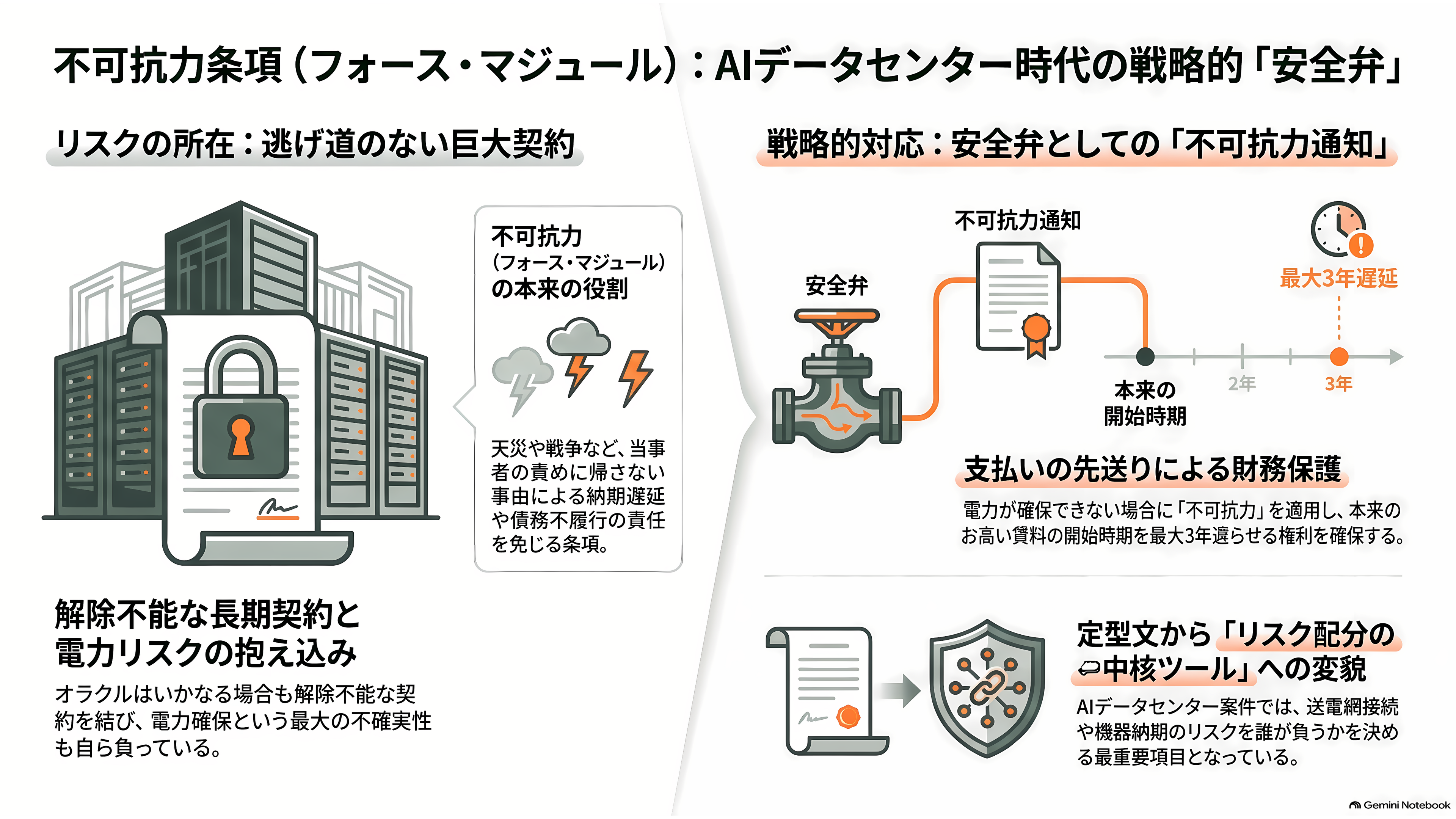 オラクル株(ORCL)、一時8%急落。「不可抗力」通知の報道でOpenAI向けAIデータセンター計画に警戒感 - 「不可抗力」通知とは何か——台風と納期の話 - 章扉