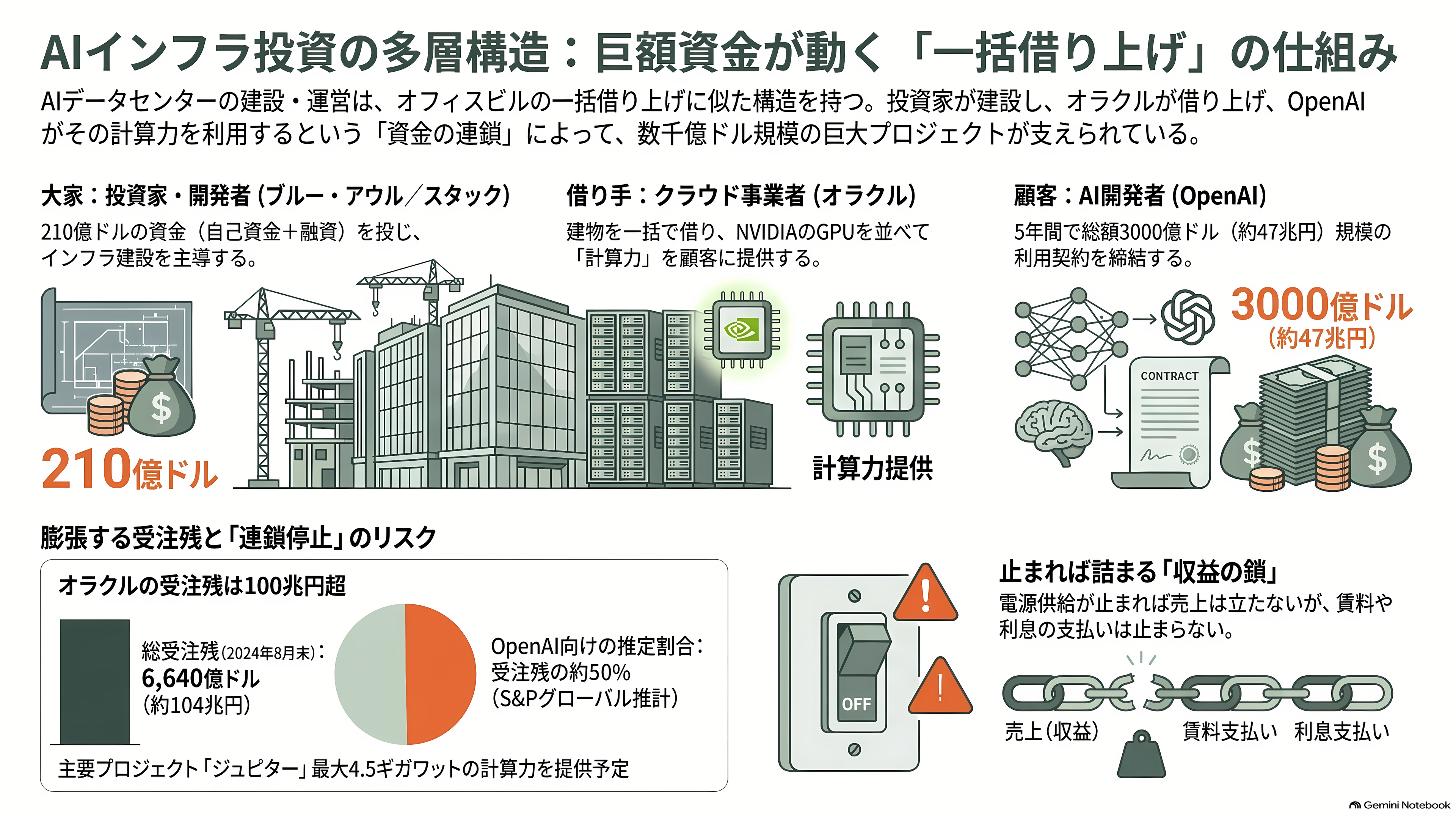 オラクル株(ORCL)、一時8%急落。「不可抗力」通知の報道でOpenAI向けAIデータセンター計画に警戒感 - 誰が誰に払うのか——建設中ビルの「一括借り上げ」 - 章扉